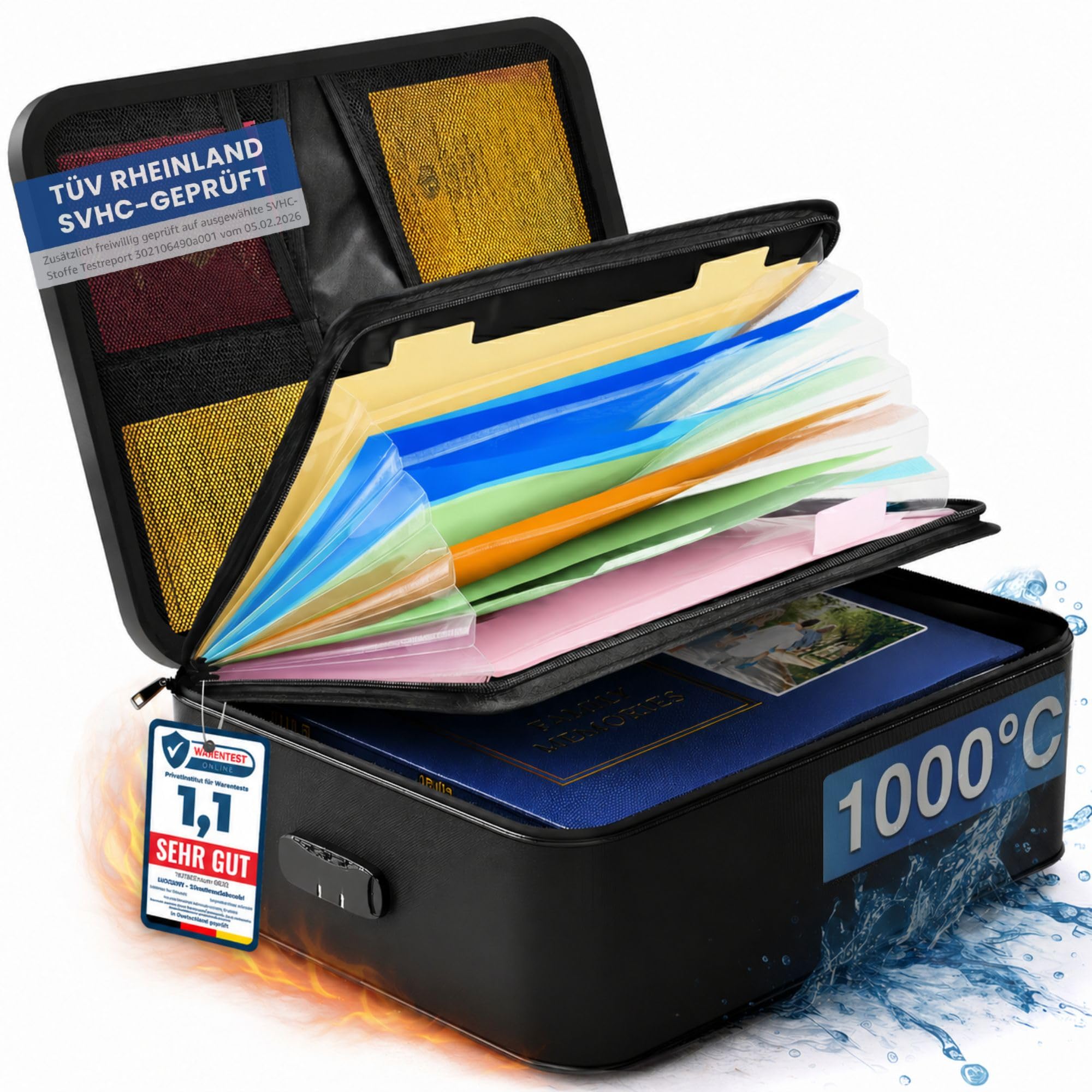 Feuerfeste Dokumentenbox Dokumententasche [TESTSIEGER 1,1] | Wasserdicht & Feuerfest | Feuerfeste Box mit Schloss Tasche A4 Dokumentenmappe Aktenkoffer Notfallordner ideal als Notfall Ausrüstung