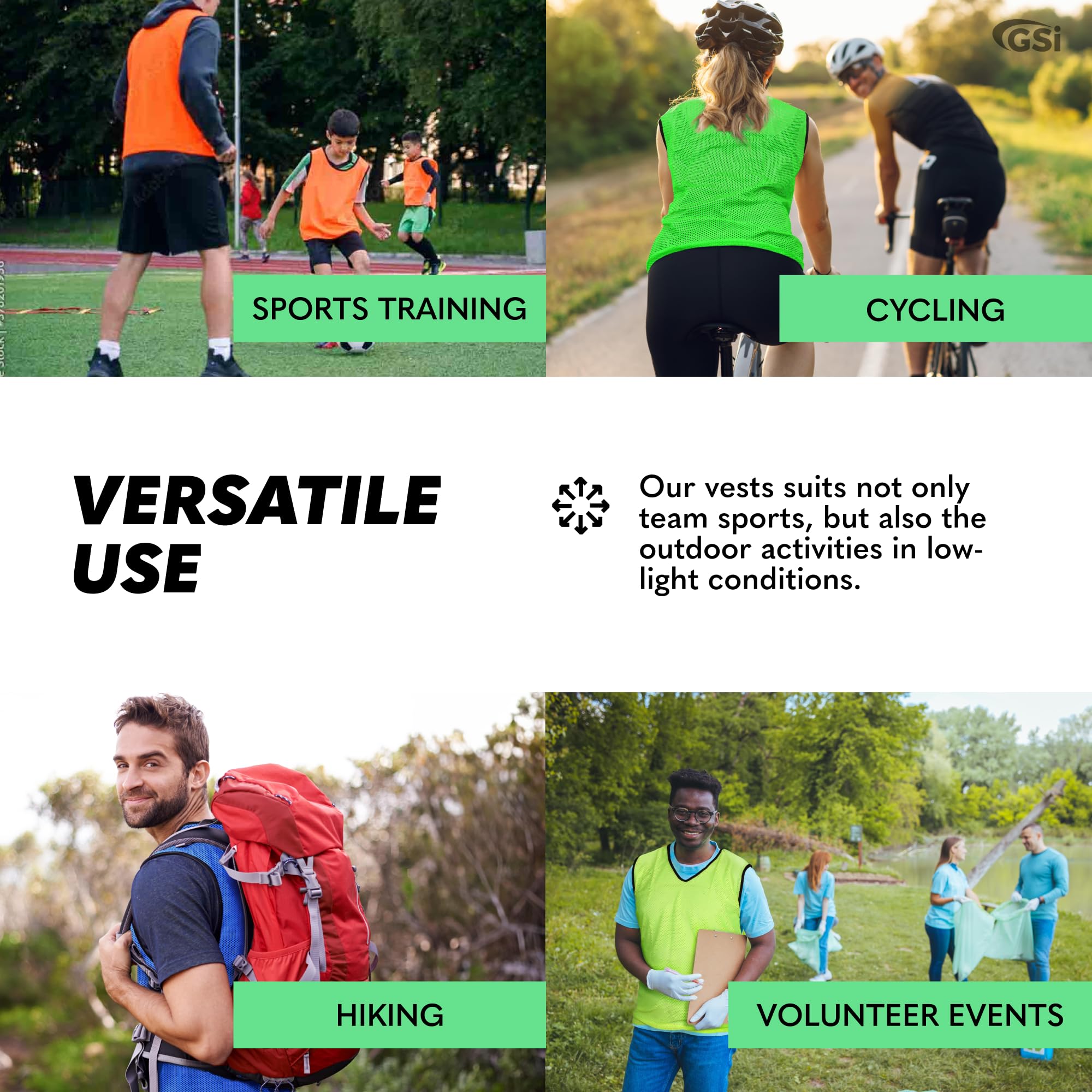 GSi Pinnies deportivos – Paquete de 12 – Tamaño libre para jóvenes y adultos – 5 opciones de color – Chaleco de práctica de fútbol, baloncesto