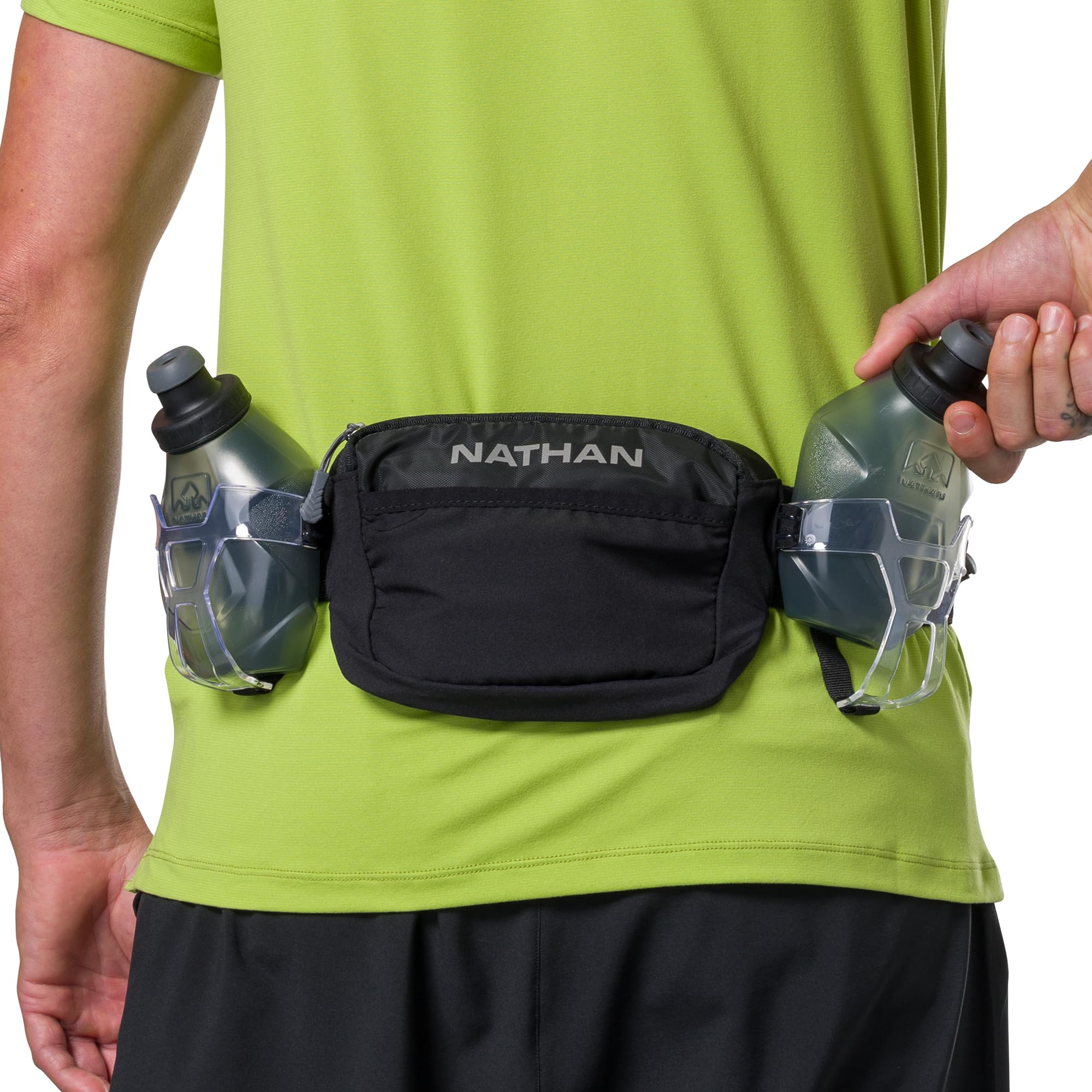Nathan Laufgürtel, Trinkflasche, Aufbewahrungstaschen, Trail Mix Plus, Lauf-Wasserflaschengürtel, isoliert, Walking, Wandern