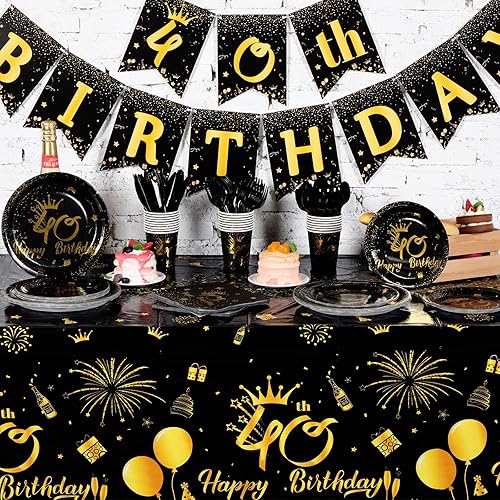 Vista 4 de TaoBary Juego de vajilla desechable de 170 piezas para fiesta de 40 cumpleaños con platos, servilletas, vasos, pancarta, mantel de cumpleaños 40