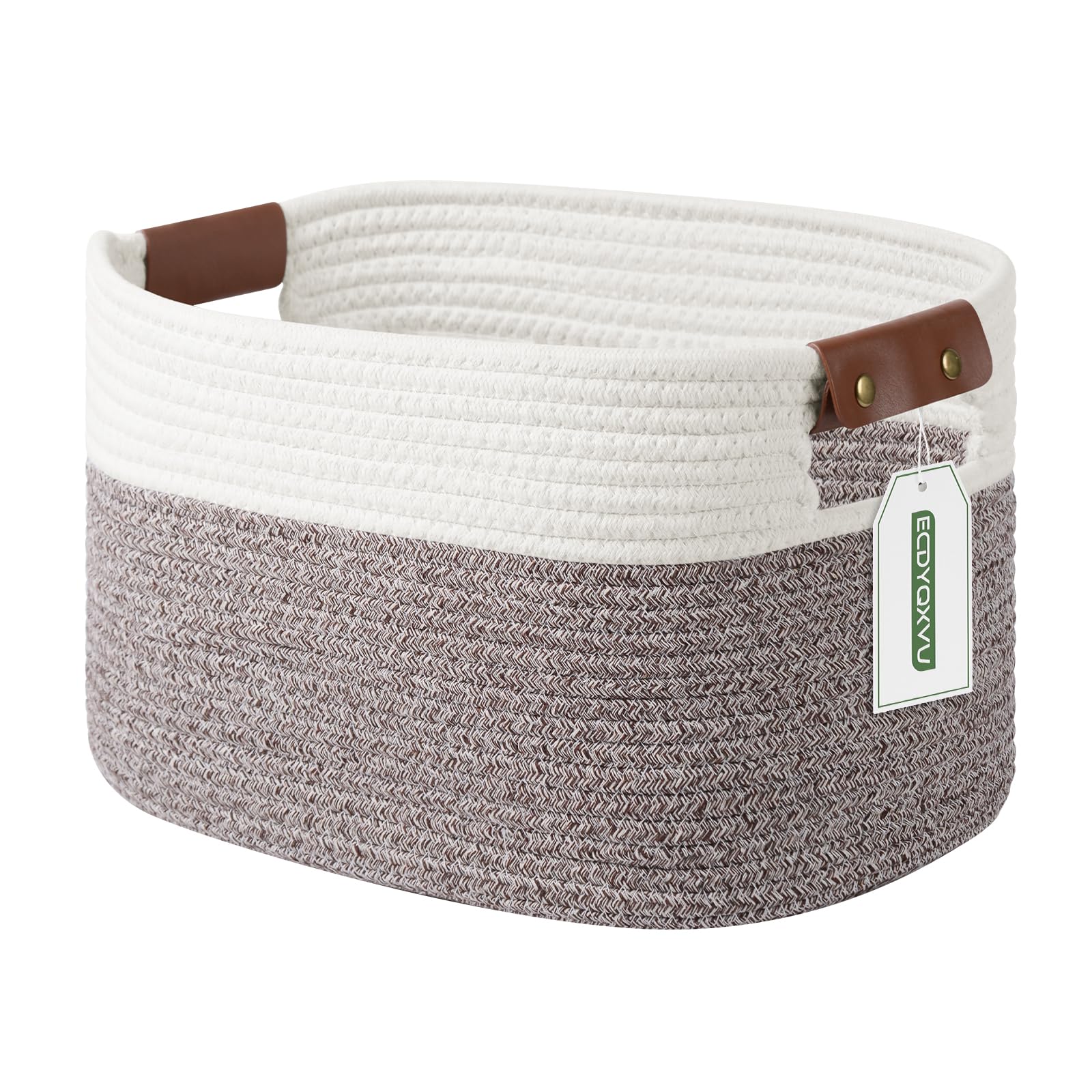 ECDYQXVU Cotton Rope Basket, Storage Baskets with Handle, 15x10x9 Inch Woven Basket for Shelves, Laundry, Towels, Clothes, Books (White Brown 1 Pack)
