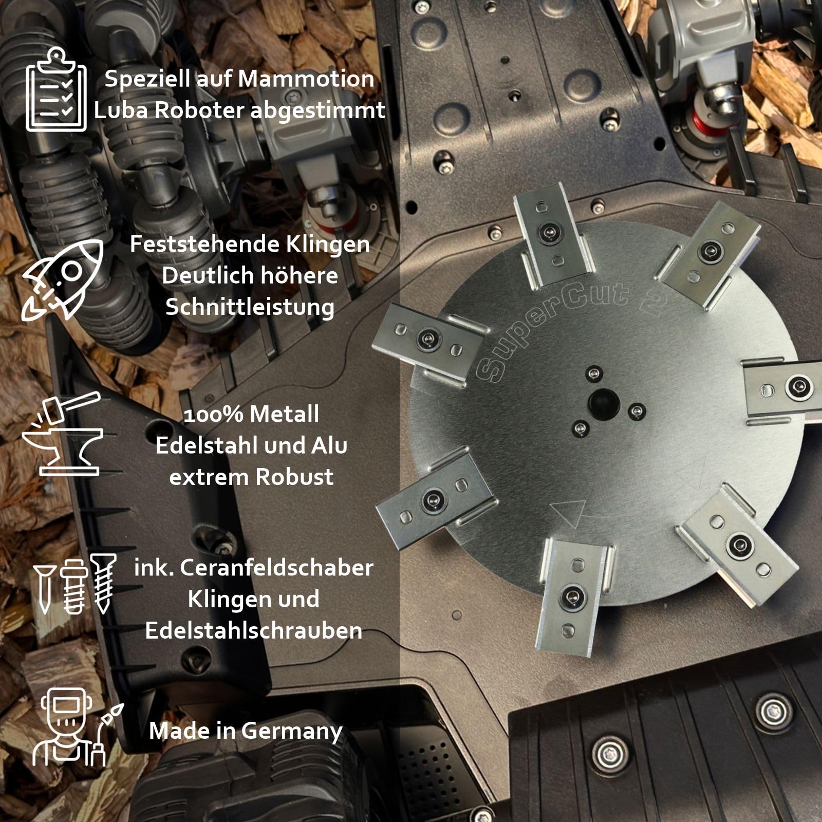 Messerscheibe Luba Mini Edelstahl/Aluminium - 7 feststehende Ceranfeldschaber Klingen - Mähroboter - 200mm Schnittbreite - Heavy Duty! Mähroboter Tuning Messerteller Ersatzteil
