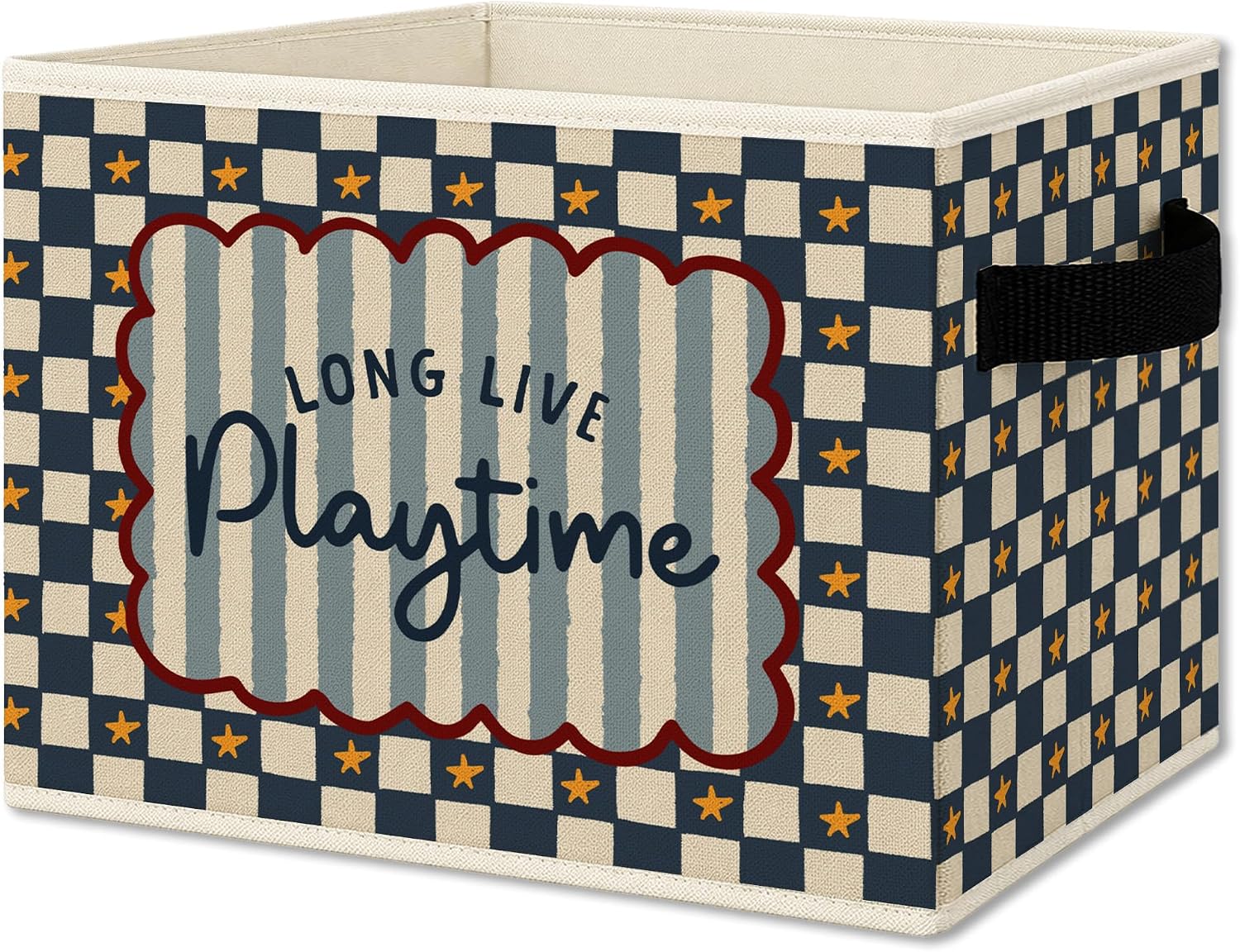 Kids Playroom Cube Storage Bins with Handles, Long Live Playtime Blue Checkered Collapsible Fabric Storage Basket Boxes Toys Books Clothes Organizer for Kids Boys Bedroom Playroom Bathroom