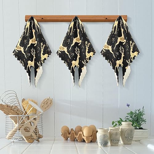 Miniatura 4 de KLL Christmas Pattern with Gold Deer on Black Background Towels for Drying Dishes Oven Lint Free Tea Towels Kitchen Hand Towels Absorbent Terry