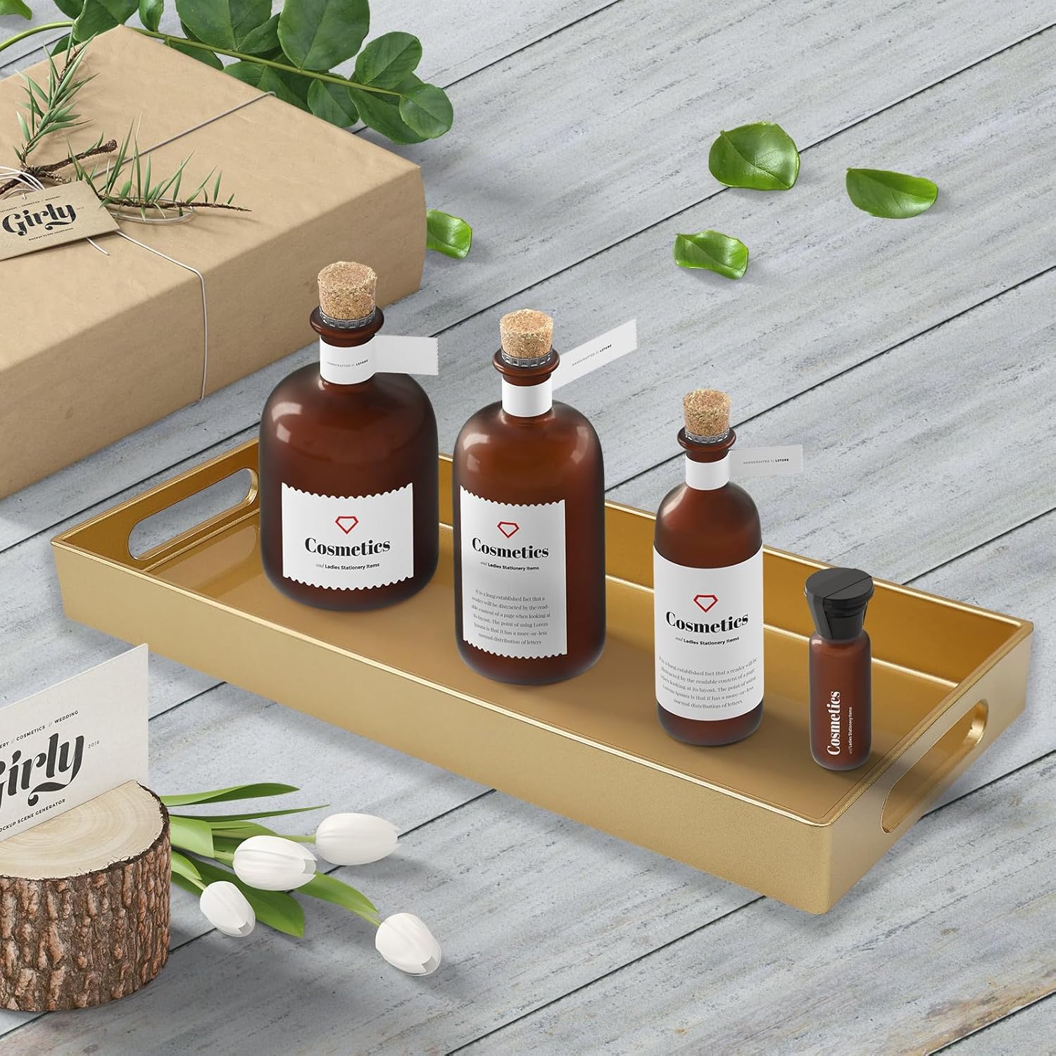 Plastic Gold Vanity Tray with Handles, Small Decorative Tray Desktop Storage Organizer for Bathroom, Living Room, 13.7"*5.9"*1.37" - Image 5