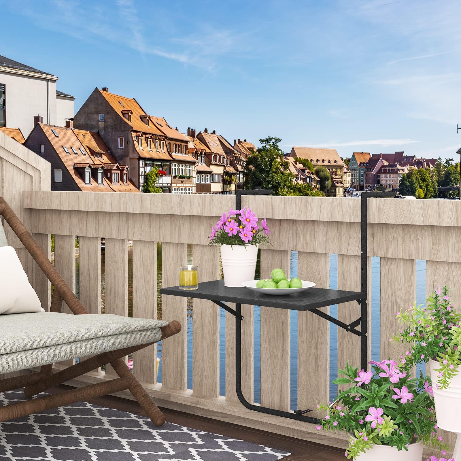 WOLTU Tavolino Pieghevole da Balcone Regolabile in 3 Altezze, Tavolo Sospeso per Ringhiera, Rattan, Nero