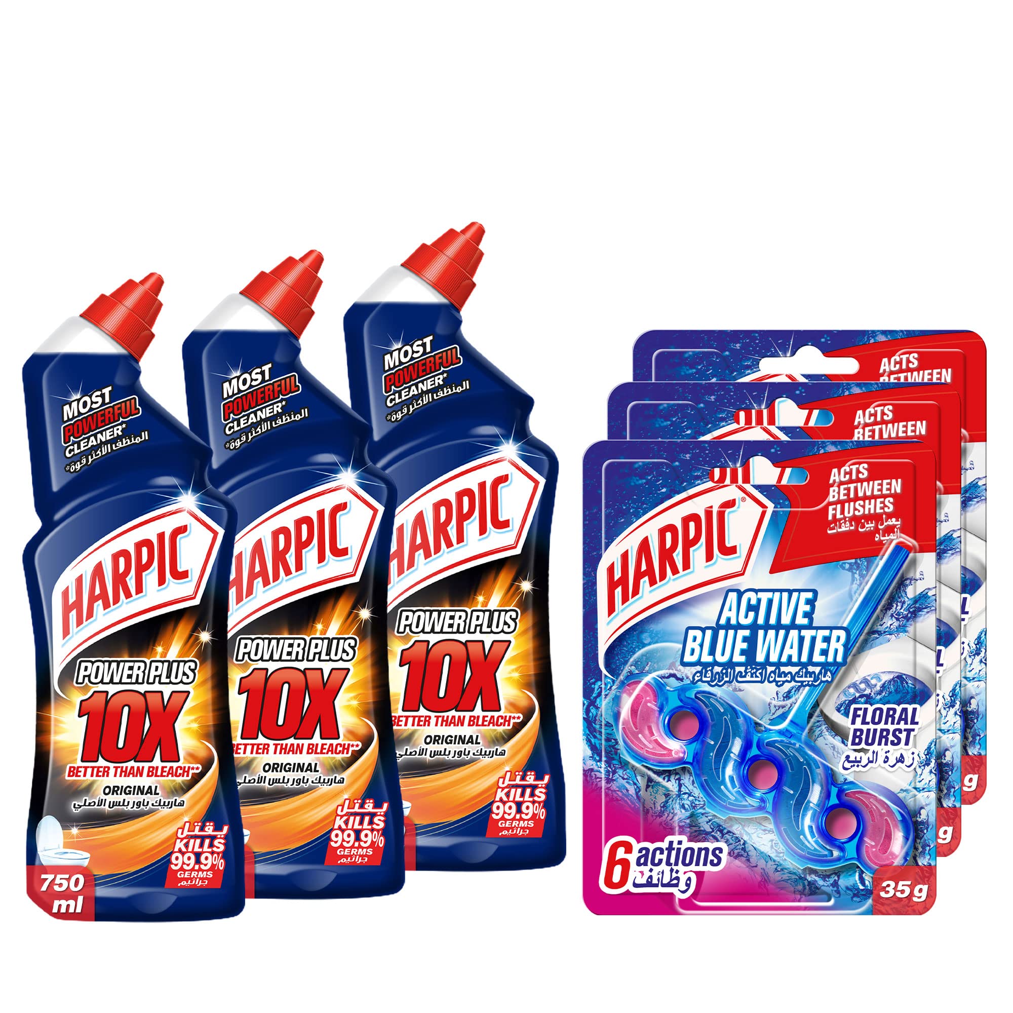 Harpic Toilet Cleaner Liquid Power Plus Original, 750ml (Pack of 3) + Harpic Toilet Rim Block, Floral, 35 gm (Pack of 3)