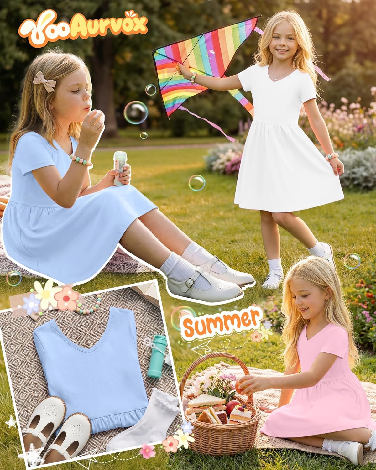 3 Pack Girls Short Sleeve Dress Summer Kids V Neck A Line Swing Skater Twirl T-Shirt Dresses for Casual Party