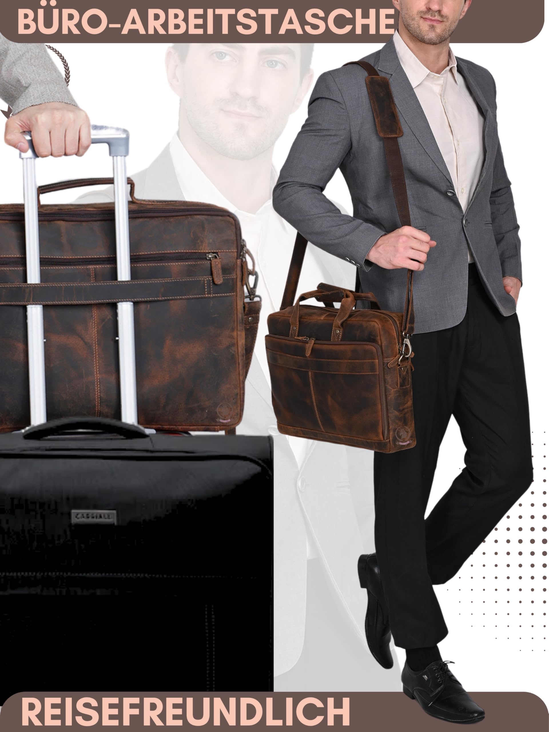 16 Zoll Herren Echt Jäger Leder Aktentasche Laptoptasche Ledertasche Business Laptop Tasche Große Messenger Umhängetasche Schultertasche Vintage Braun Bürotasche Arbeitstasche für Männer