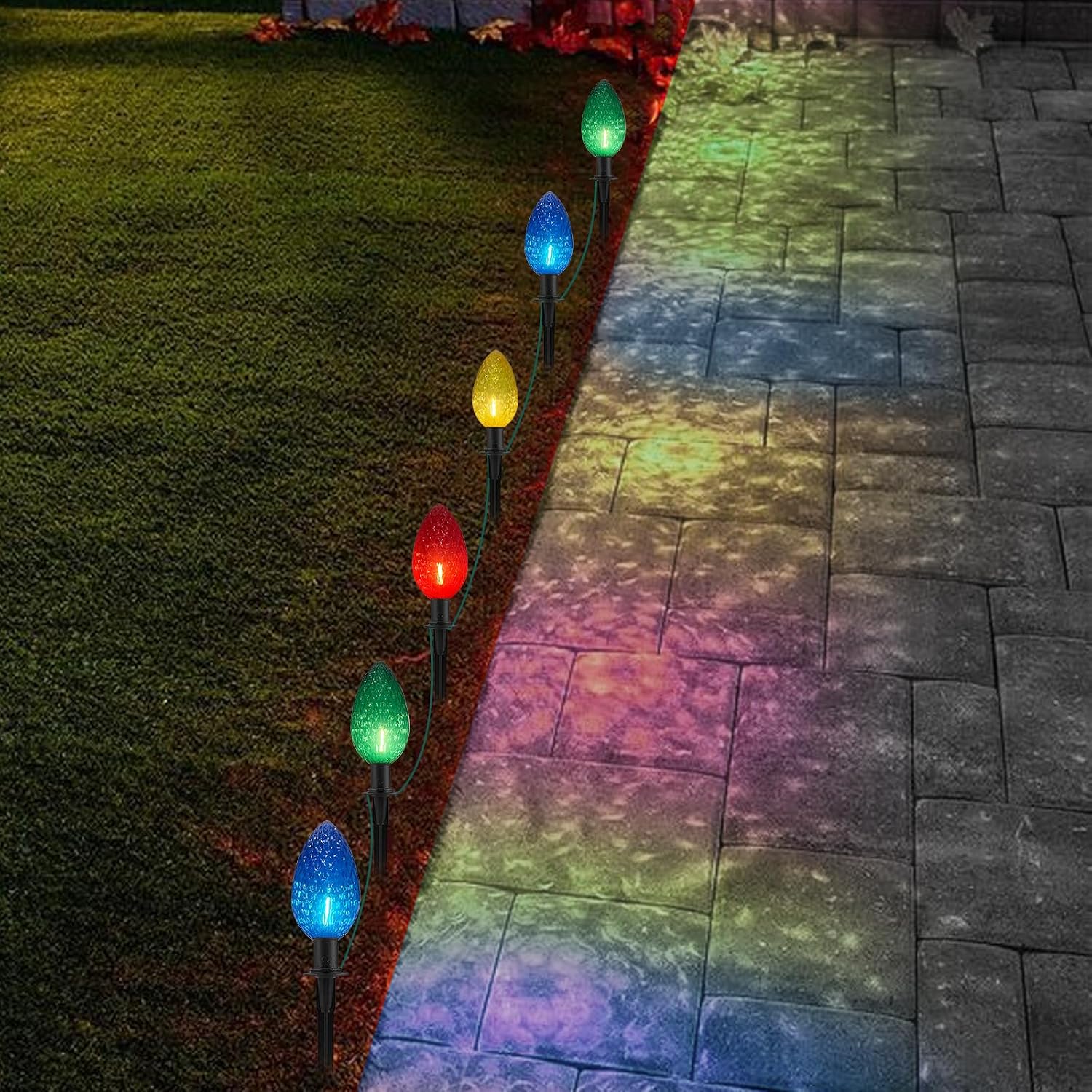 Jumbo C9 Christmas Pathway Lights Outdoor, 2 Pack Total 14Ft 8 LED C9 Giant Multicolor Christmas Walkway Lights, Connectable Outdoor Xmas Decorations Stakes Lights for Lawn Yard Garden Holiday