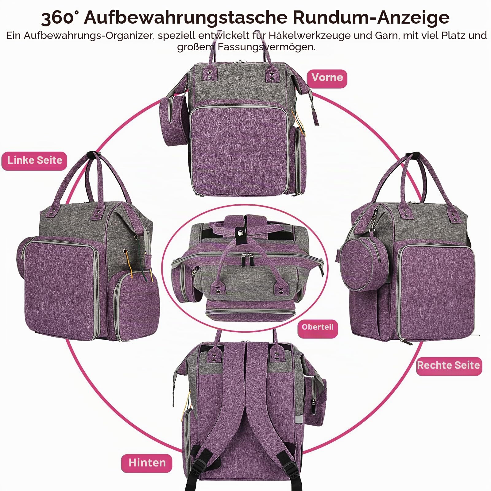 Coopay Multifunktion Stricktasche Rucksack, Reise Häkeltasche mit 6 Garnösen, Große Garnaufbewahrung Tasche für unfertige Projekte, Häkelnadel, Stricknadeln, Wolle, Strick- und Häkelzubehör, Grau Lila