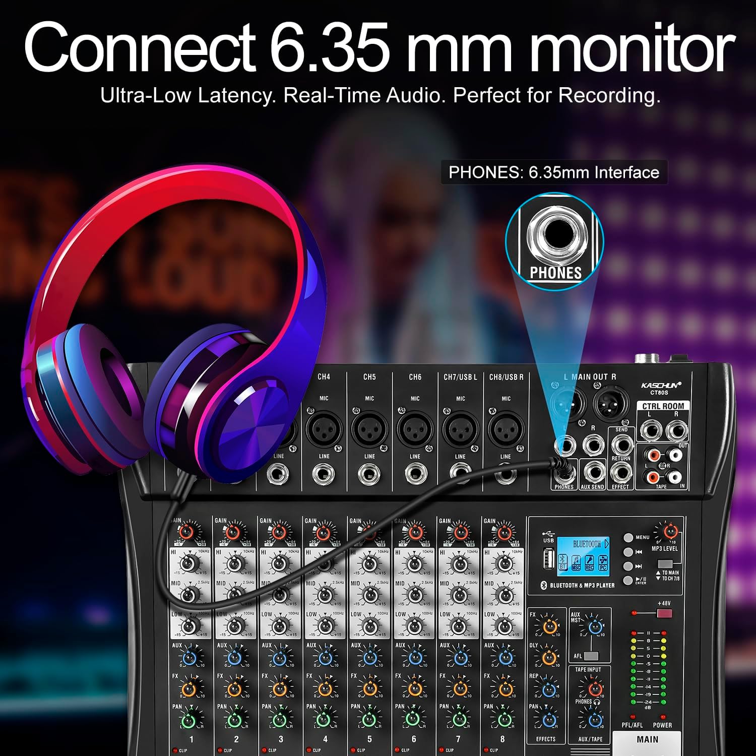 8 Channel Professional Audio Mixer with 48V Phantom Power, USB Audio Interface, Bluetooth & MP3 Player, Sound Board for Podcast, Home Studio, Live Streaming & Recording - Image 7