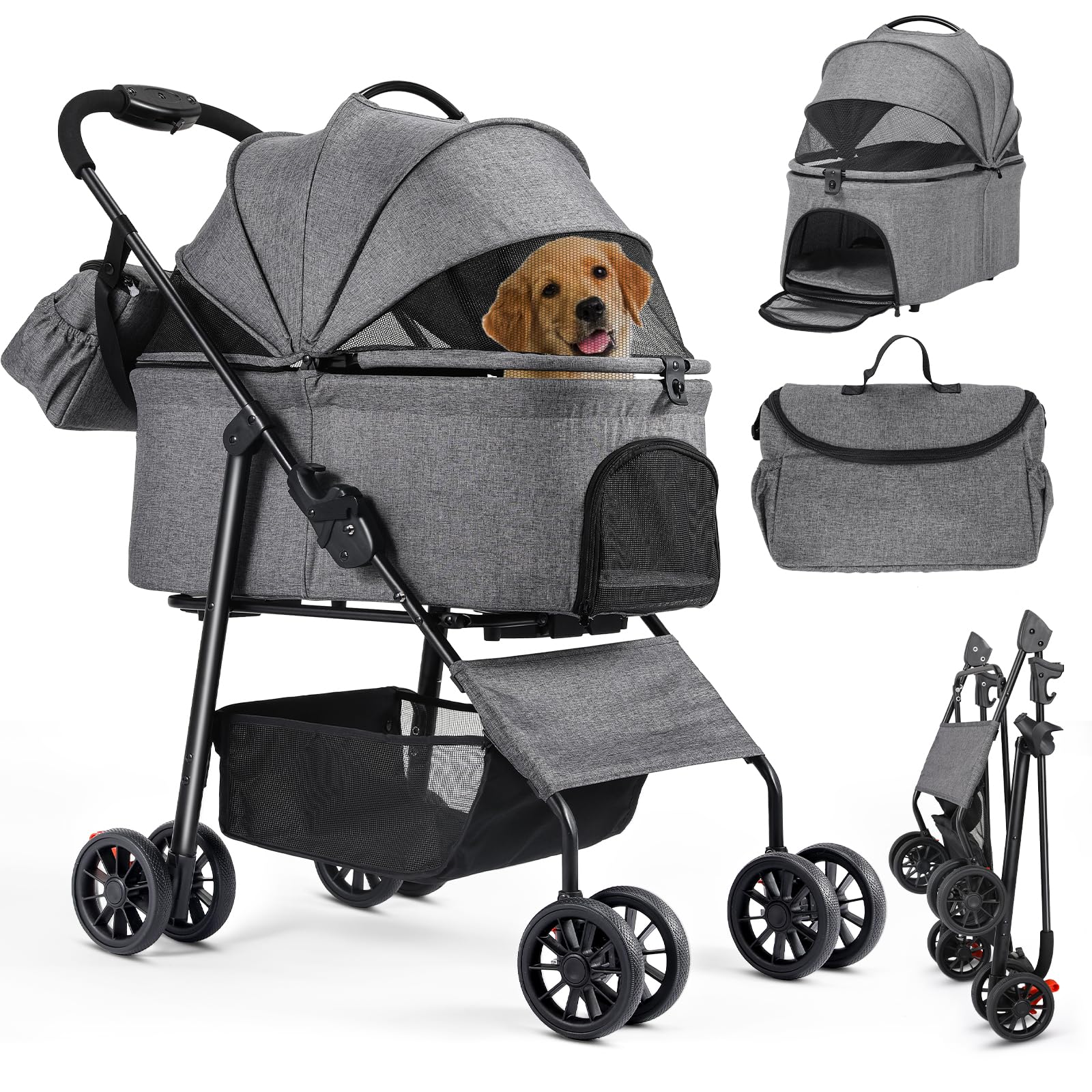 MAMIZO Passeggino per cani 3 in 1, fino a 30 kg, 4 paia di ruote doppie a 360°, con una borsa a tracolla, pieghevole per cani di piccola taglia e media, nido per animali domestici, tessuto di lino