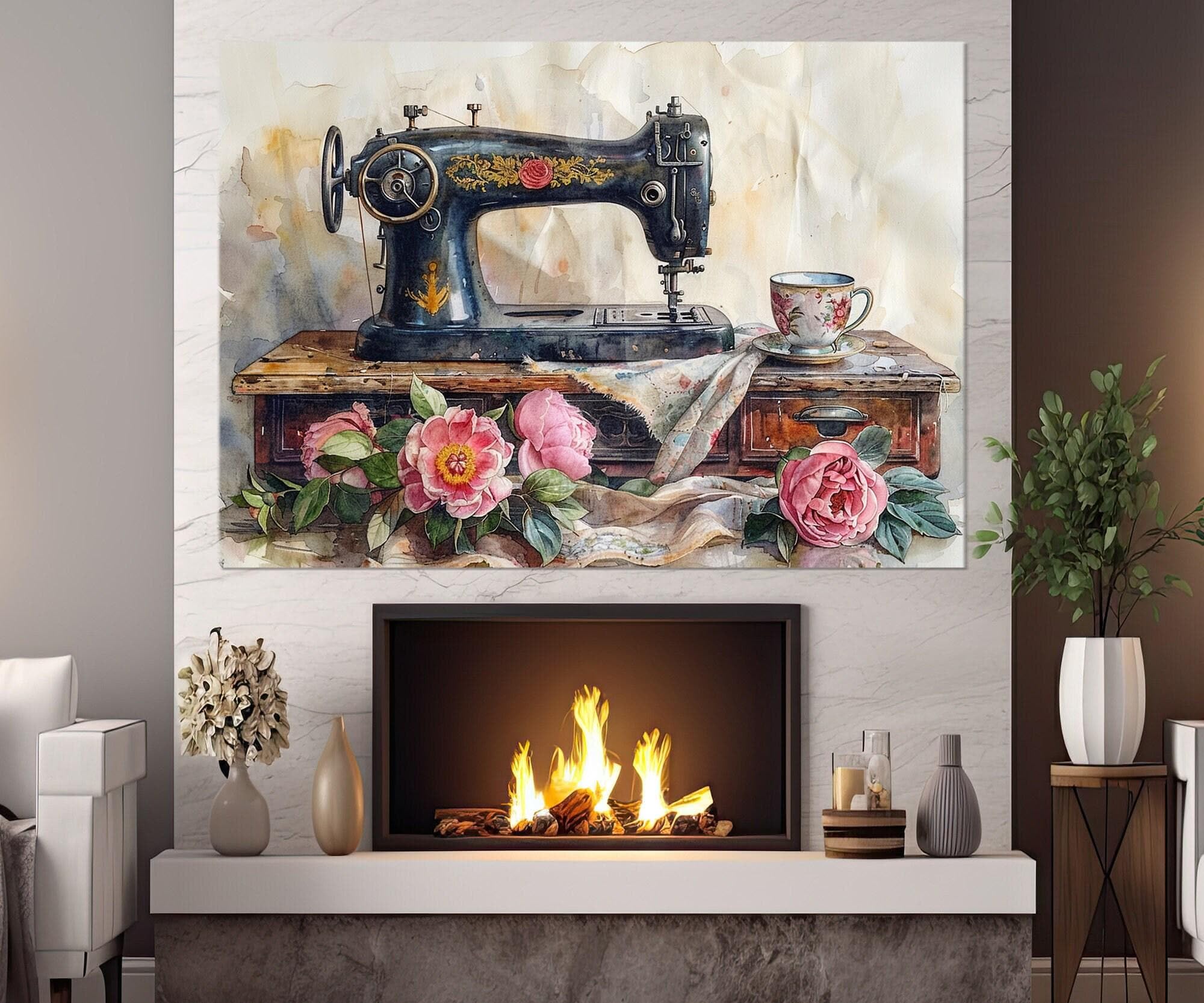 TONGYINLI Plakat na maszynie do szycia w stylu vintage, obrazy na płótnie z motywami krawieckimi, do dekoracji mieszkania w stylu retro (20 x 30 cm/rama wewnętrzna)