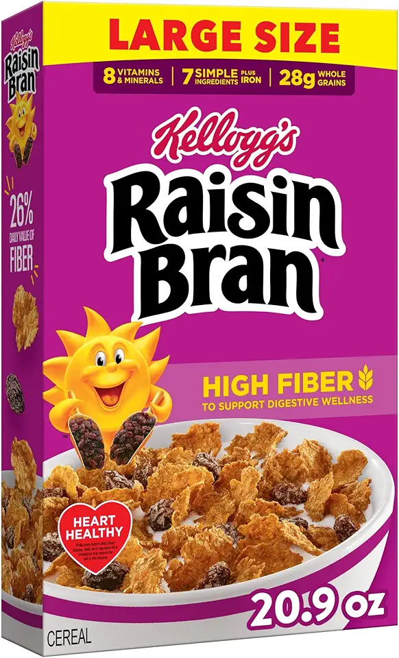 Kellogg’s Raisin Bran Breakfast Cereal, High Fiber, 28g Whole Grain, Large Size, 20.9 oz