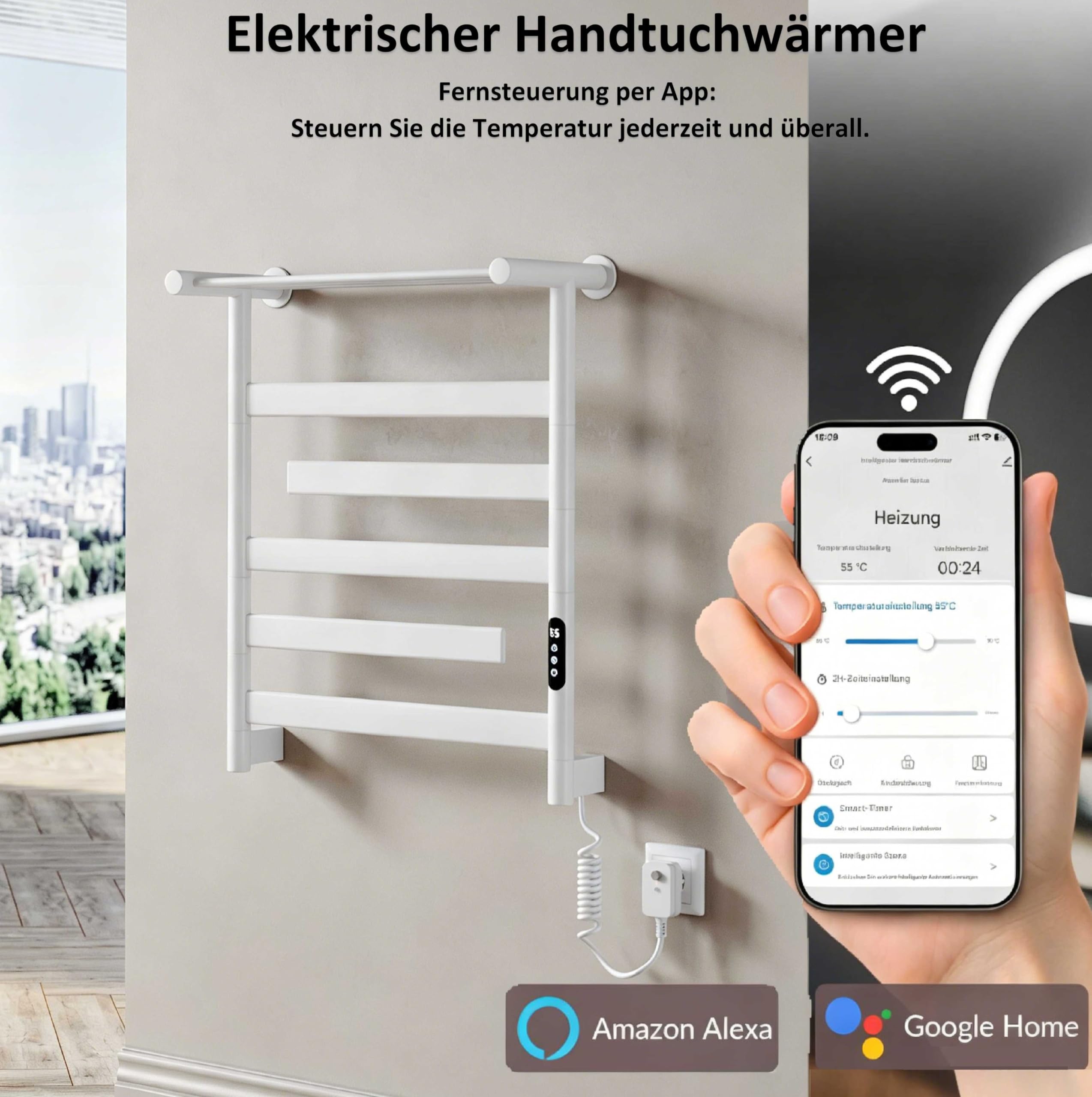 Handtuchheizkörper Elektrisch 66 x 55cm, 180° Drehung Handtuchwärmer Elektrisch mit Heiz-Ablage, WiFi Smart Thermostat für Alexa und Google Home, 30-70°C, 140W, Weiß, IPX4, Fehlerstromschutz