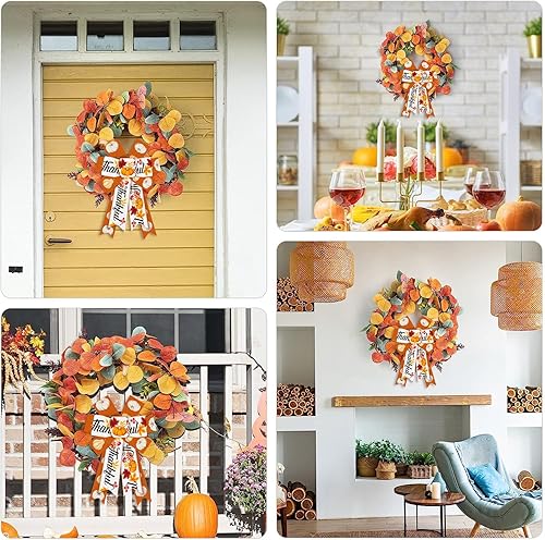 Miniatura 5 de 2 lazos de corona de otoño, lazos de calabaza naranja para corona, lazos rústicos de otoño para puerta delantera, hojas de cosecha, lazos para