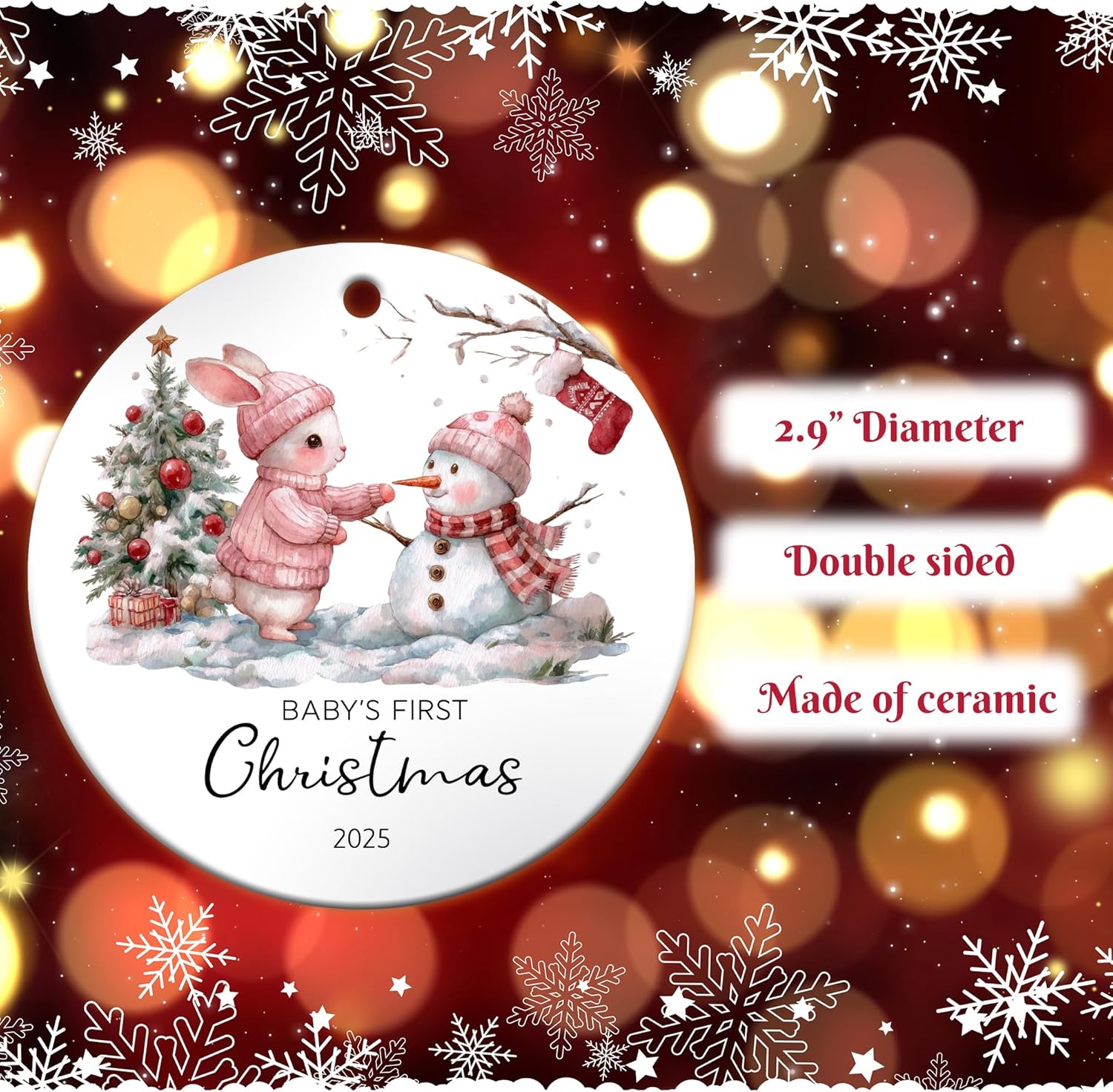 Bunny Baby's First Christmas Ornament Gifts for New Parents, 2025 New Baby Girls Ornaments for Christmas Tree, Ceramic - Image 6