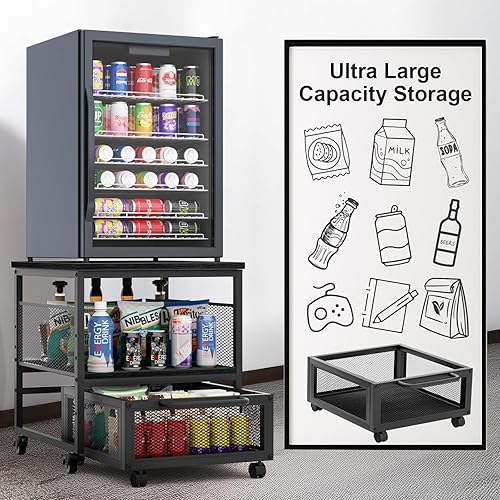 Miniatura 7 de Mini soporte para refrigerador de 21 x 21 pulgadas con almacenamiento, mini mesa de refrigerador resistente con 4 ruedas bloqueables para cafetería,