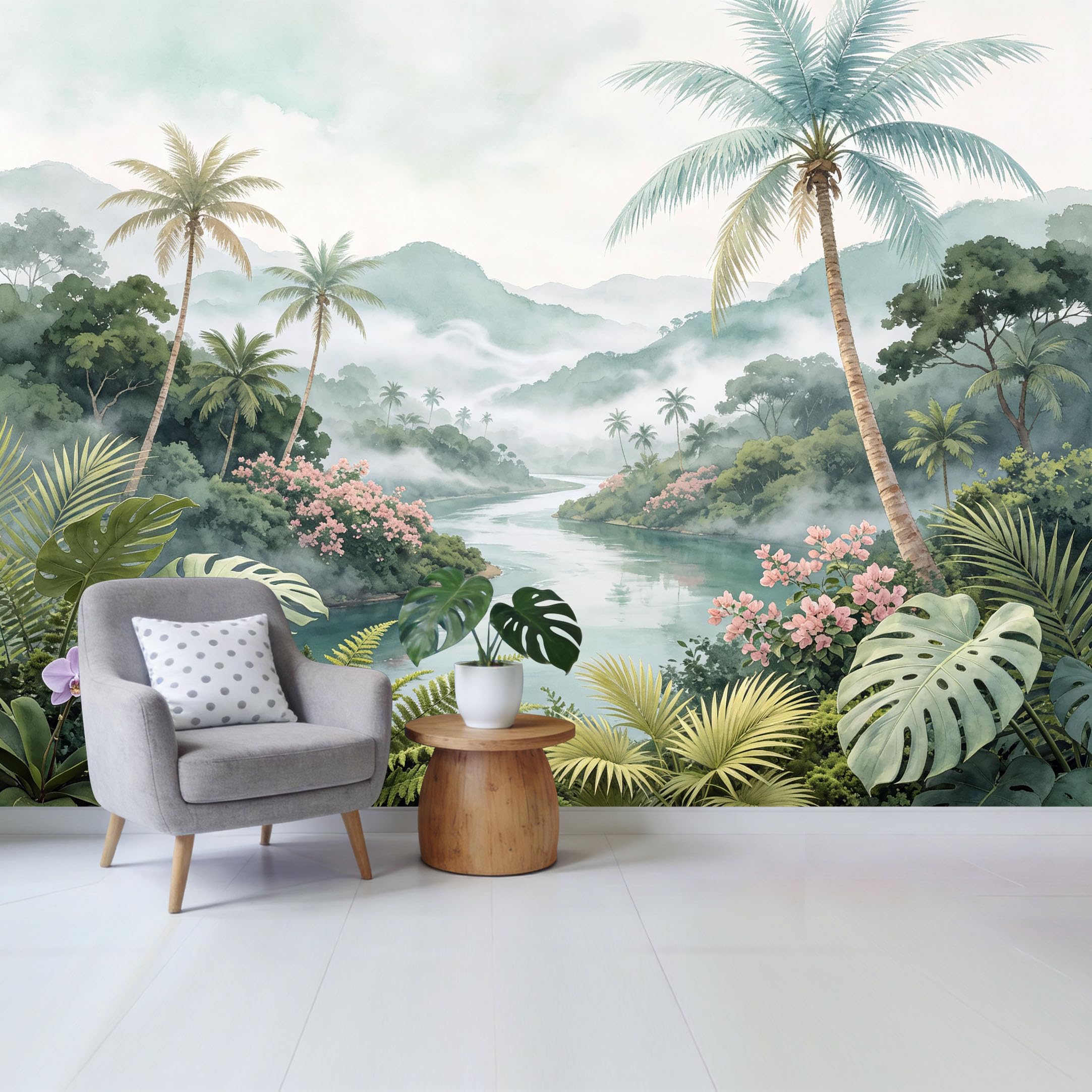 Custom Size Wall Mural Tropical Jungle River Watercolor Botanical Palm Leaf Removable Self Adhesive Fabric Home Wall Decor for Living Room Bedroom Bathroom