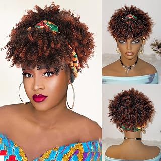 DEYNGS Brown Afro Headband Wig Kinky Curly Headband Wig with Bangs Head-Wrap Wigs 2 in 1 Ombre Afro Puff Wig With Bangs for Women Synthetic Half Wigs