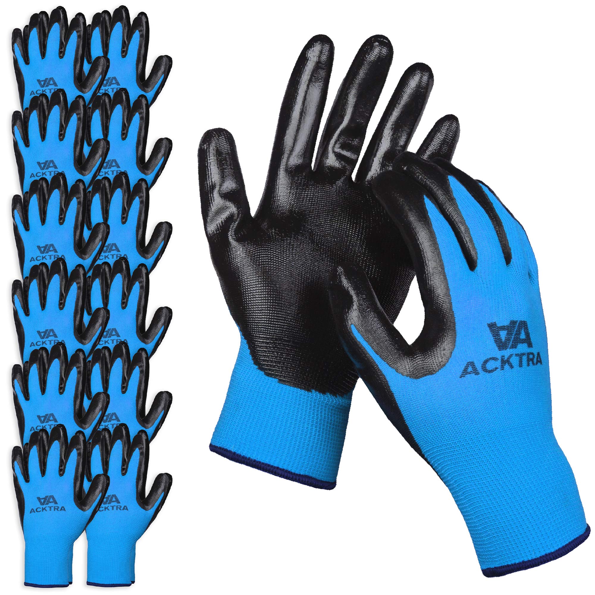 ACKTRA Nitrile Coated Safety WORK GLOVES 12 Pairs, WG003 Blue/Black, Small