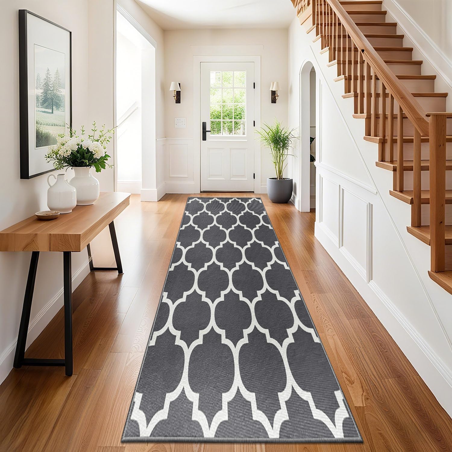 Hafaa Carpet Runners for Living room Grey and White Runner Rugs for Hallway Non-Slip long 80 x 300 cm – Trellis Pattern Modern Low Pile Bedroom Carpet (AVA Grey)
