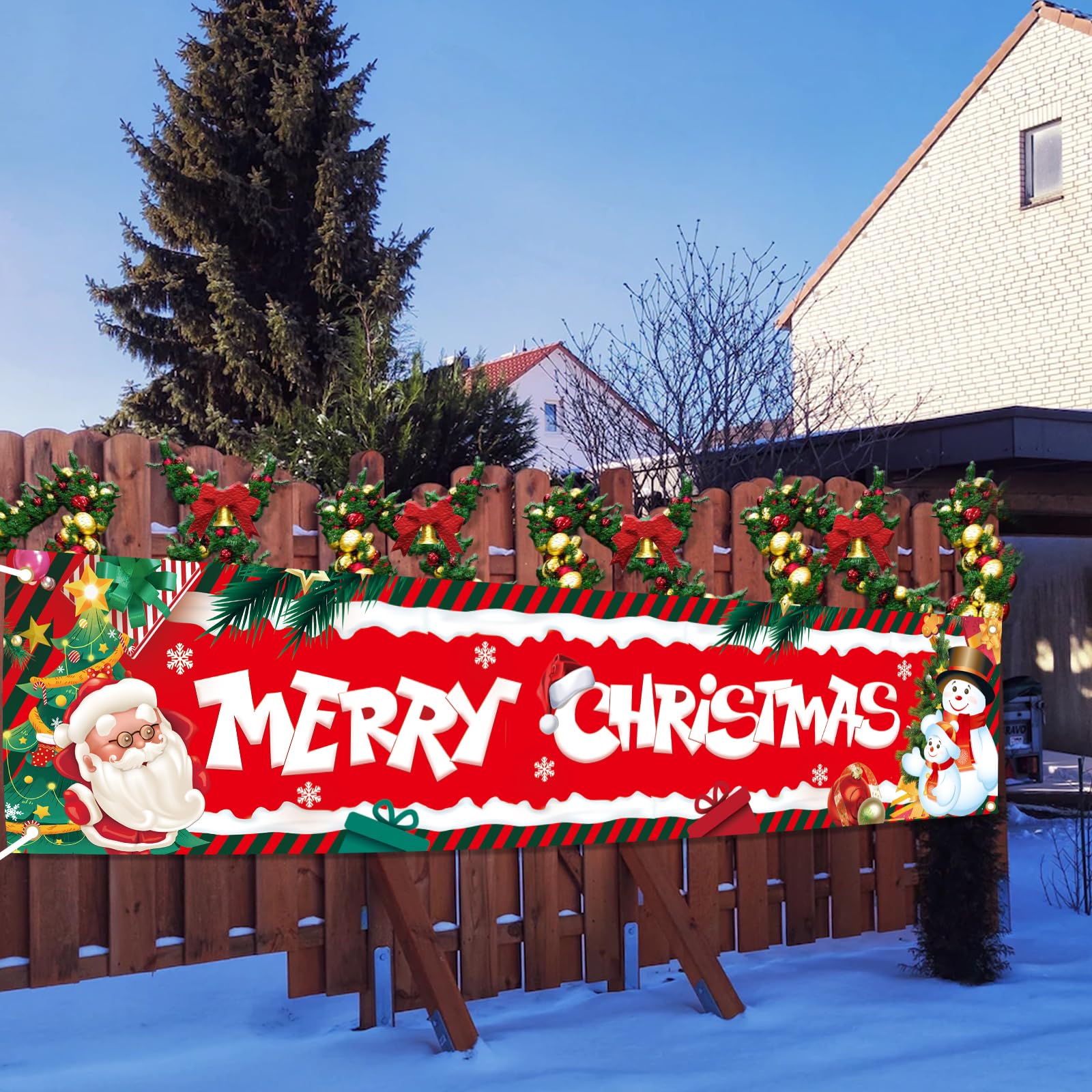 Auliuse 300x50cm Fabric Large Merry Christmas Banner, Xmas Garden Yard Banners, Garden Merry Christmas Wall Banner for Xmas Holiday Party Backdrop Outdoor Indoor Porch Hanging Winter（Style 1）