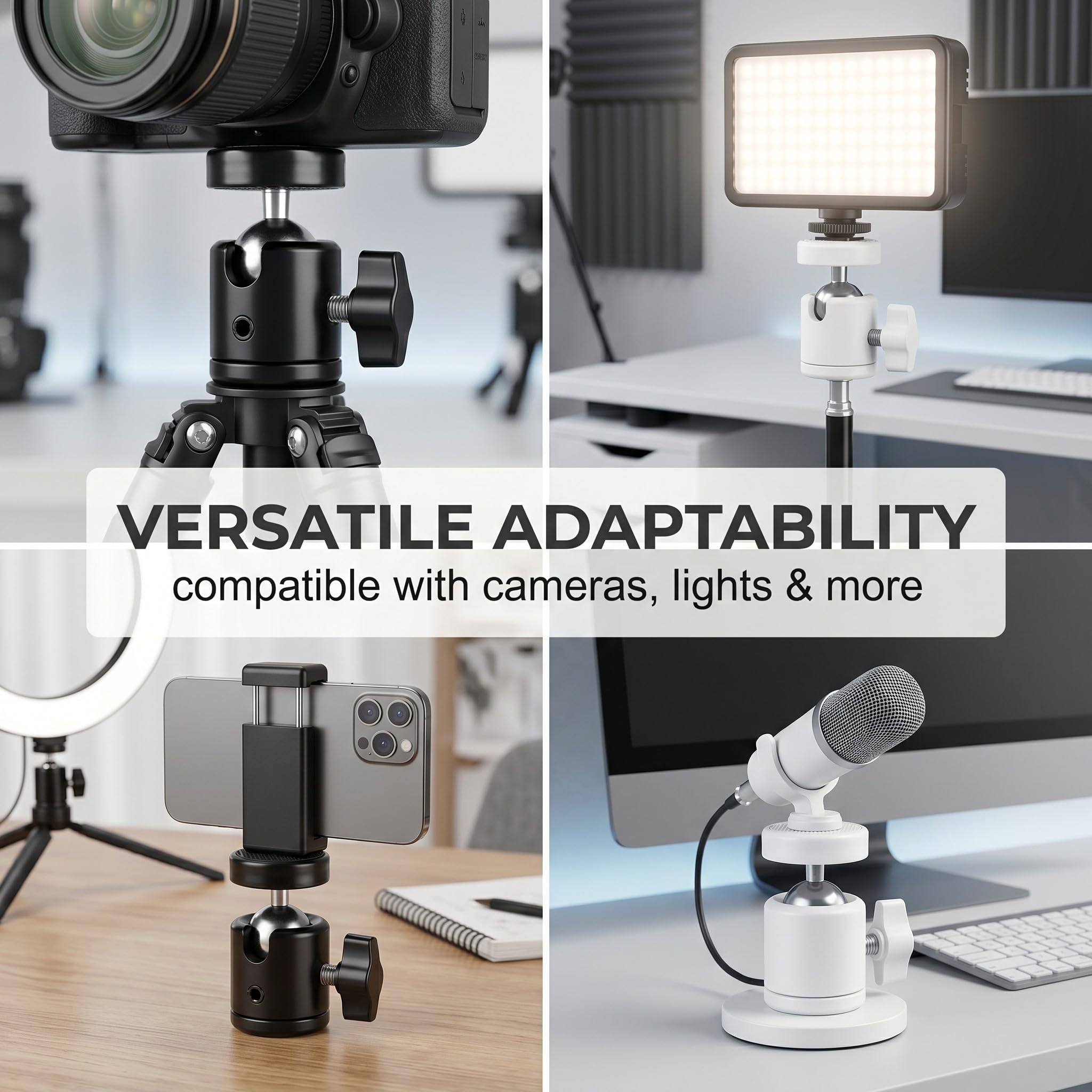 2 Pezzi Testa a Sfera per Treppiede, Nero e Bianco, Metallo, Rotazione 360° e Inclinazione 90°, Attacco 1/4, per Fotocamera, DSLR, Smartphone con Supporto, Luce LED e Microfono