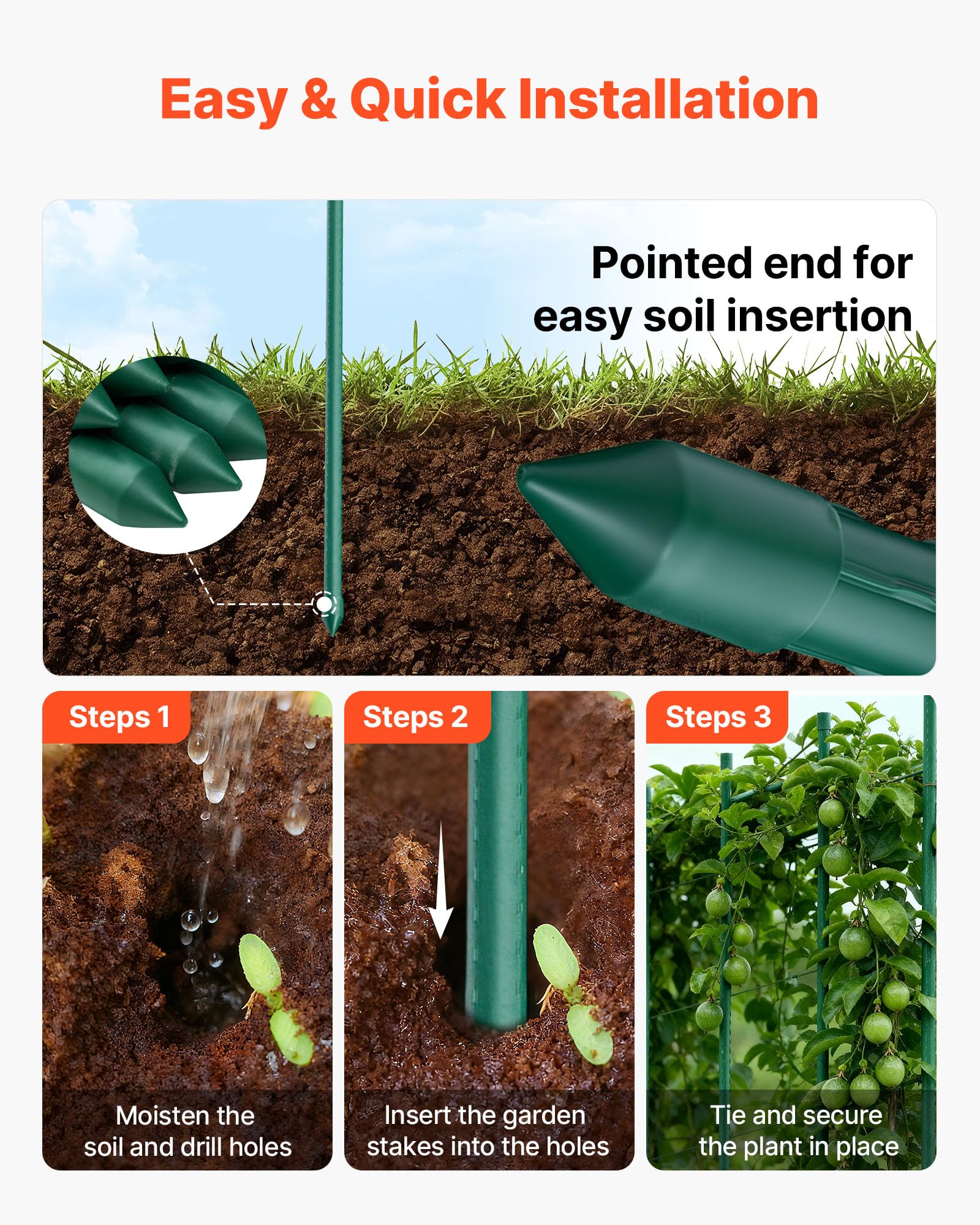 VEVOR Picchetti da Giardino 2100 mm Confezione da 25, Bastoni di Sostegno per Piante con estremità Appuntita e Protuberanze Antiscivolo per la Coltivazione di Piante Rampicanti, Verdure da Esterno