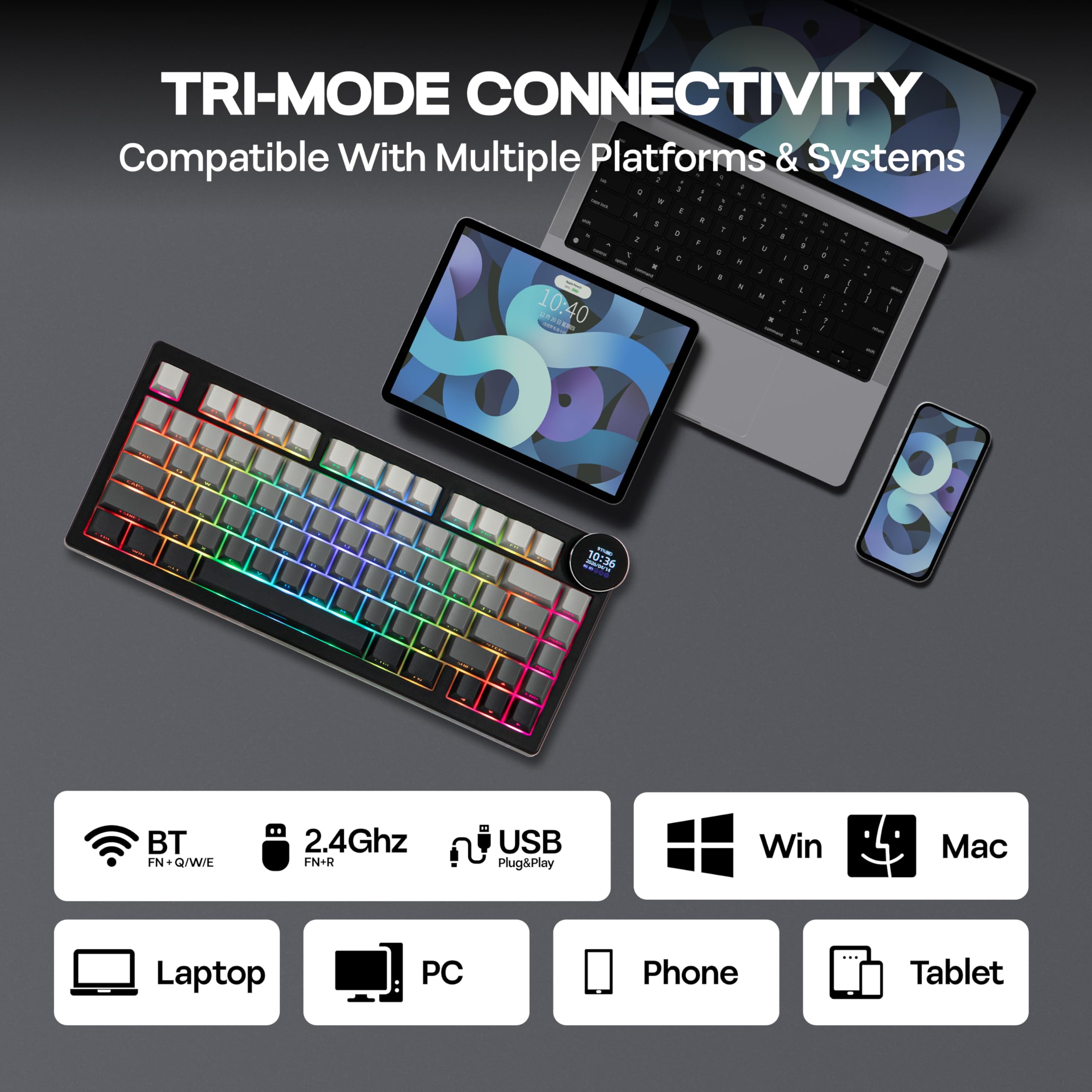 MechLands AK820V2 75% Teclado gaming inalámbrico con pantalla TFT de 0,9 pulgadas y control giratorio, teclado mecánico cremoso Gasket, batería de 10000 mAh, intercambiable en caliente, RGB para Win