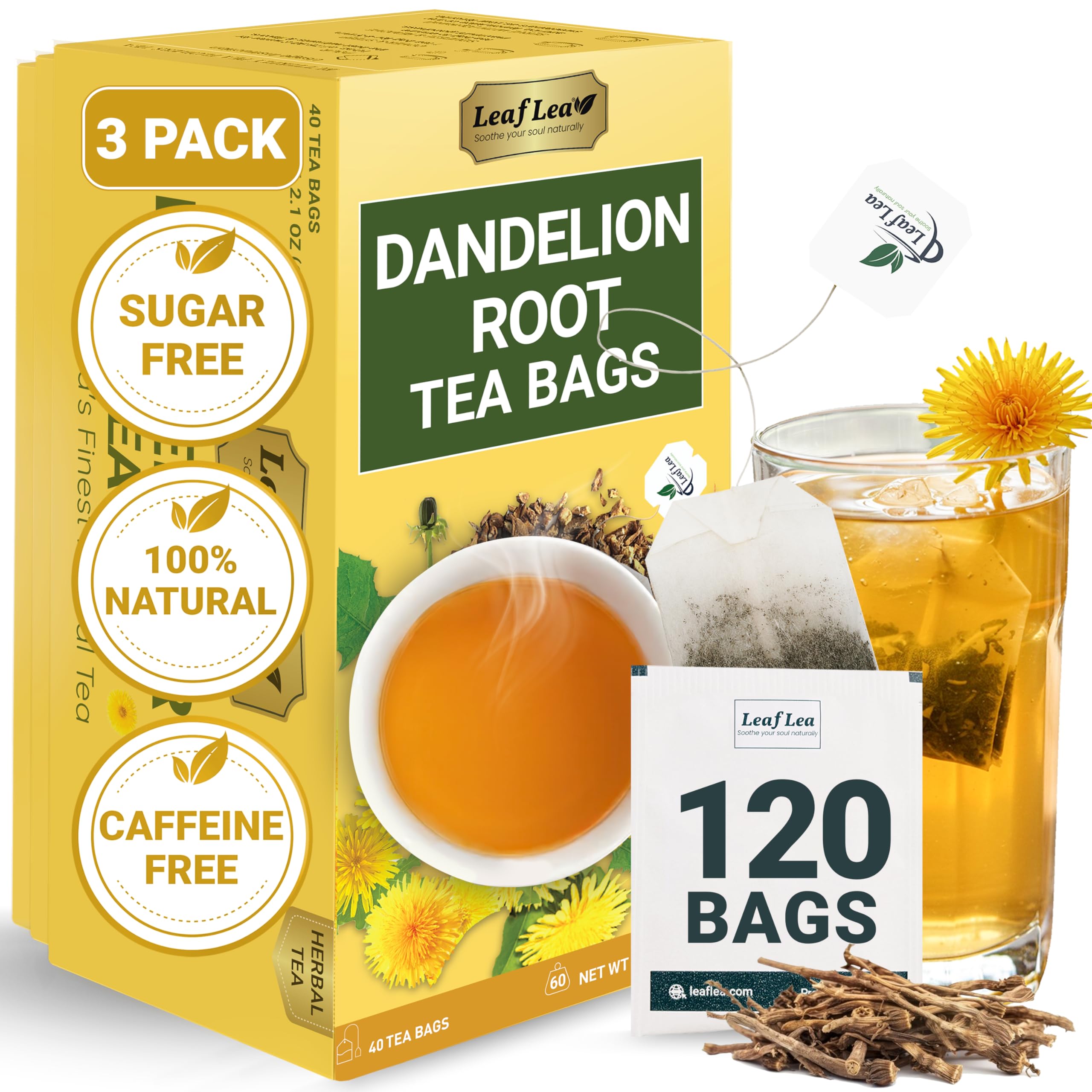 LeafLea 80 Dandelion Tea Bags, All Natural and Pure Dandelion Root Tea, Supports Digestion & Immune Health, Individually Wrapped Tea Bags, Caffeine-Free, Vegan, No Sugar, Gluten-Free, Non-GMO, 2 Pack: Dandelion Root 120 Tea Bags (Pack of 3)