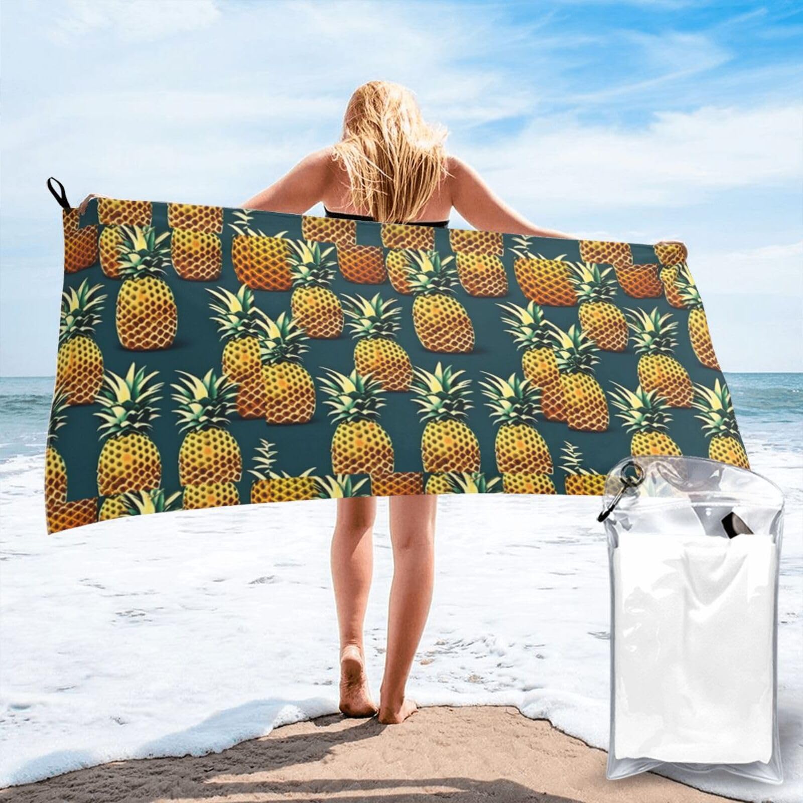 Jiuty White Retro Pineapple Print Fast Dry Beach Towel Portable For Swimming Travel Gym Hiking Gift