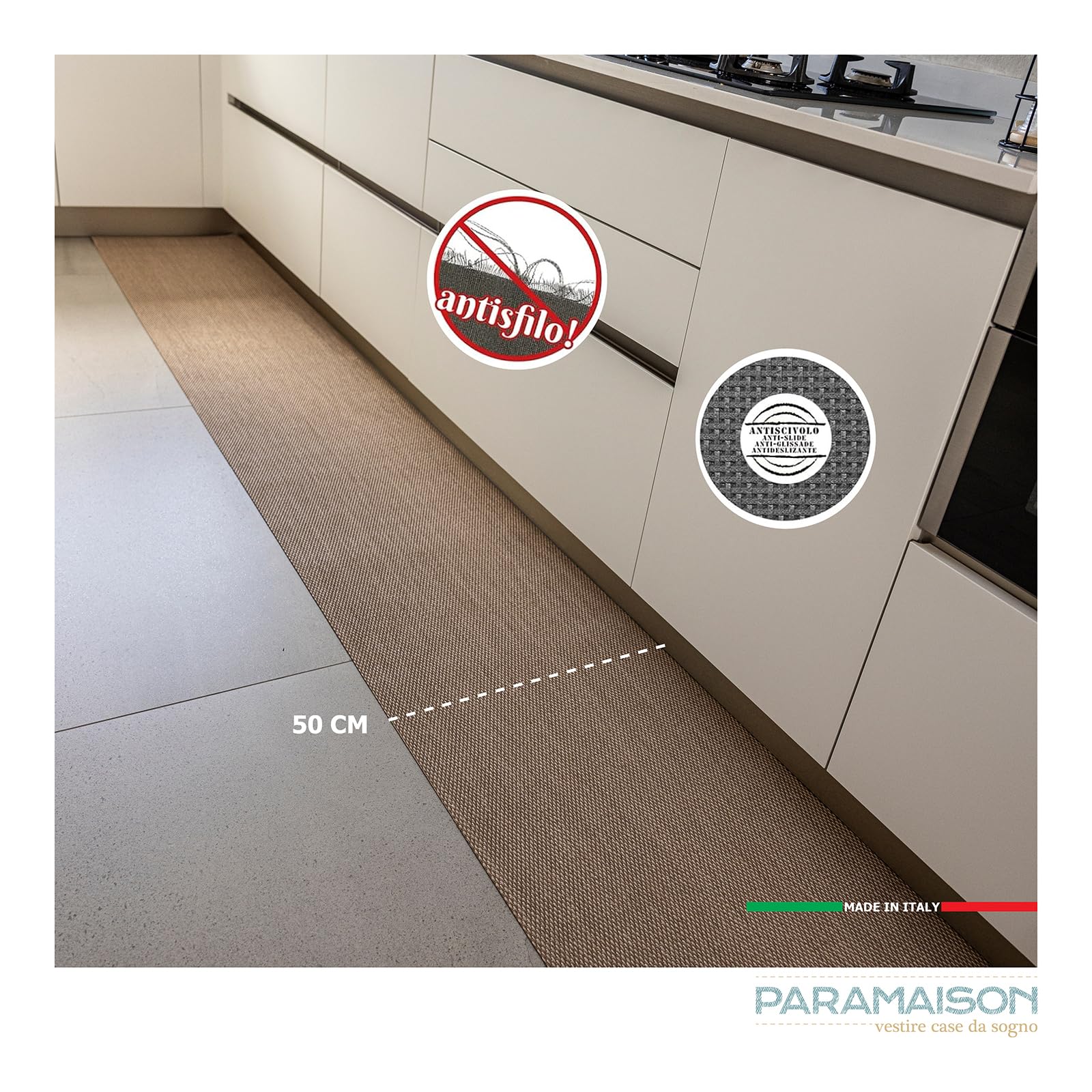 PARAMAISON Tappeto PVC Cucina Infinity, Passatoia Antiscivolo Lavabile, Antimacchia, Multiuso, Lavabile, Cucina, Soggiorno, Design Stilizzato Onda Grigio Chiaro| 50x200cm