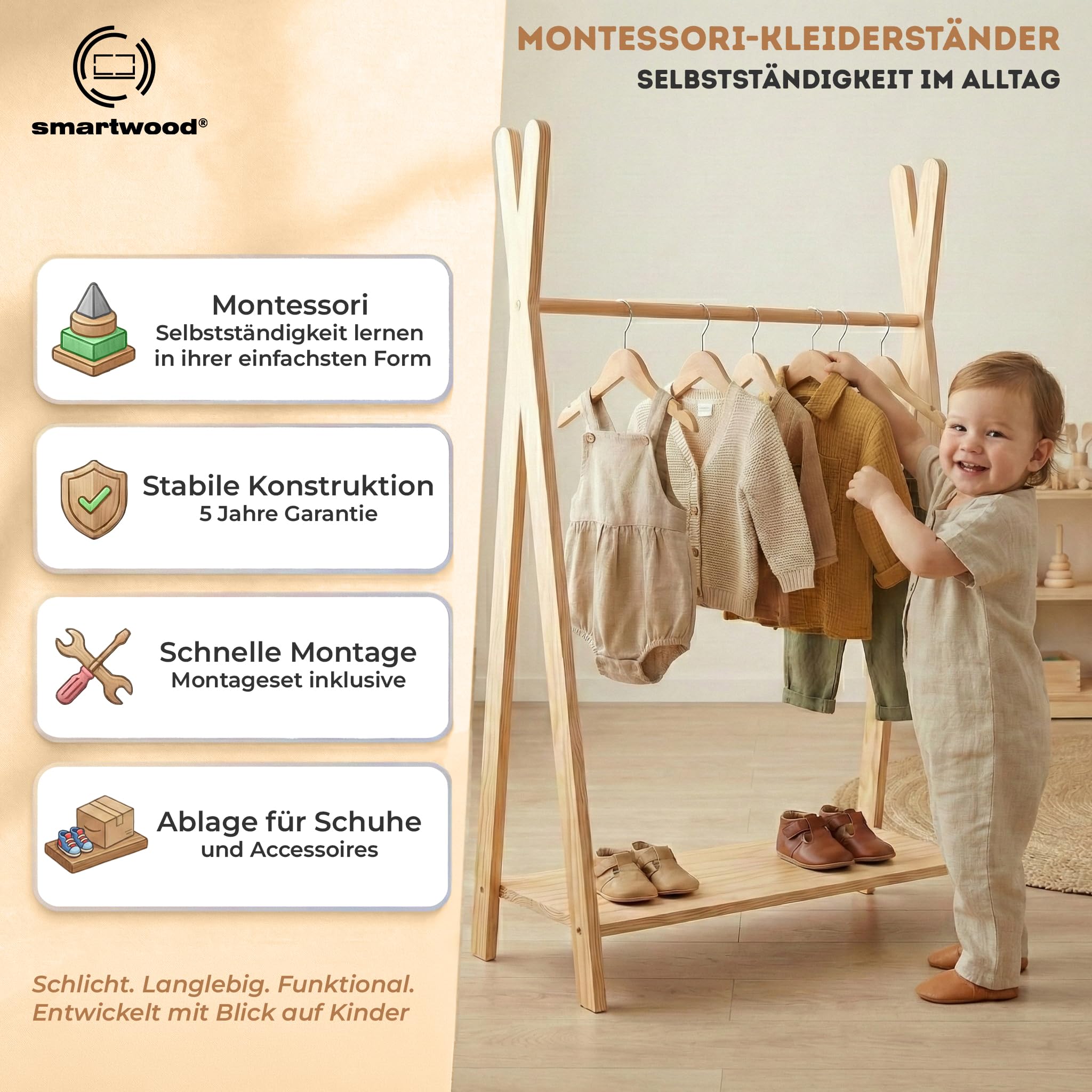 smartwood Kinder Kleiderständer TIPI M 97x63x36 cm - Montessori Garderobe aus FSC-Kiefernsperrholz mit Kleiderstange & Ablage - Garderobenständer mit Tragkraft bis 30 kg