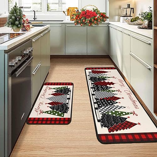 Miniatura 4 de Juego de 2 alfombras de cocina de búfalo con diseño de árboles de Navidad, diseño de árbol de Navidad, decoración de bajo perfil para el hogar,