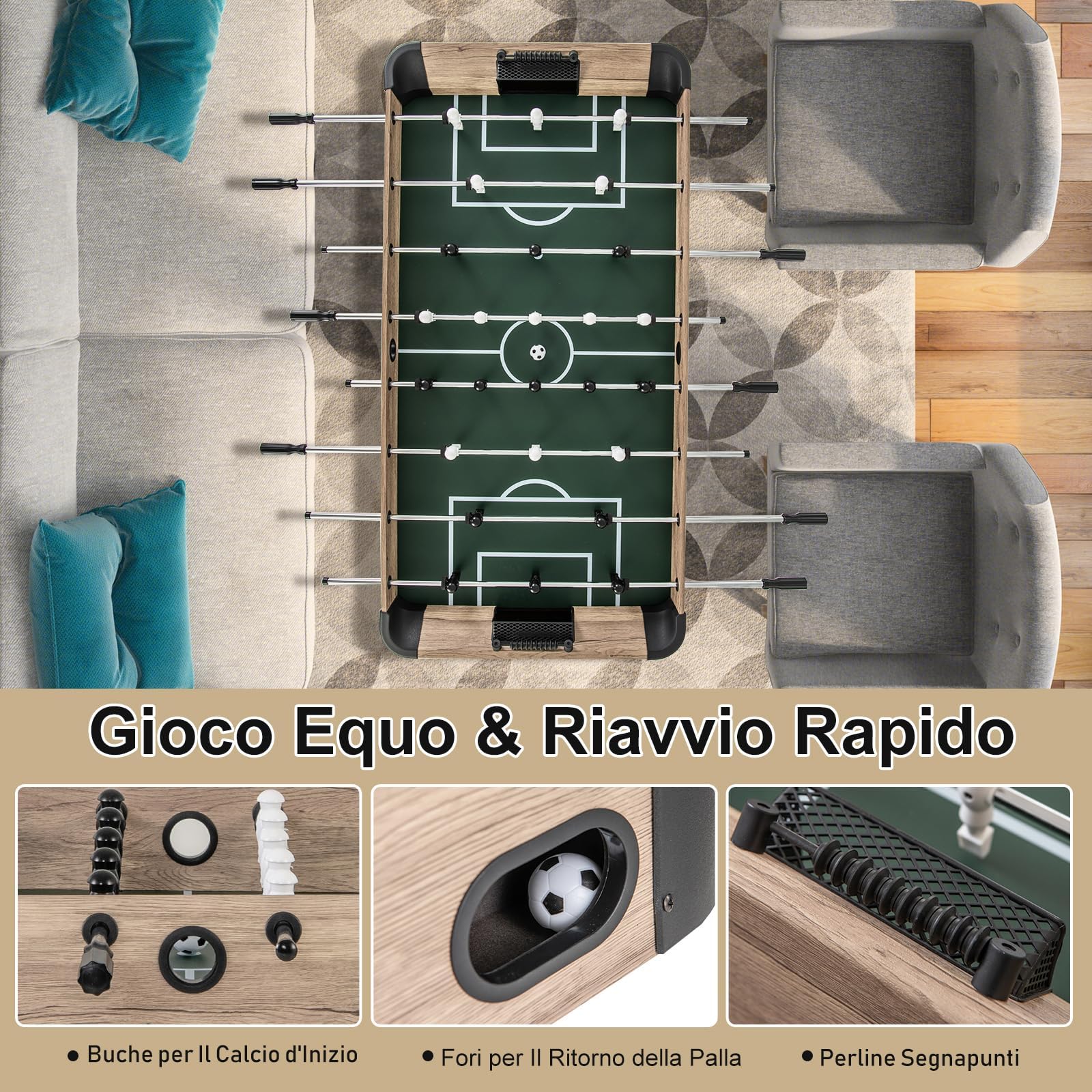 RELAX4LIFE Tavolo da Calciobalilla di 137 cm Professionale con 8 Aste, 2 Palloni per Bambini, Adolescenti e Adulti, per Casa, Sala Giochi, Rovere
