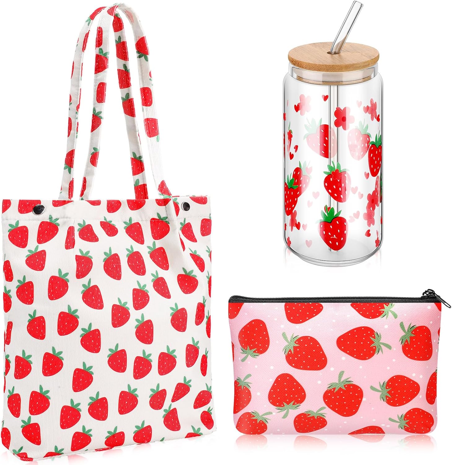 Strawberry Gift Set, Included 16oz Glass Cups with Lids and Straws Waterproof Travel Bag Pouch Strawberry Makeup Bag and Corduroy Tote for Women Christmas Birthday Mothers Day