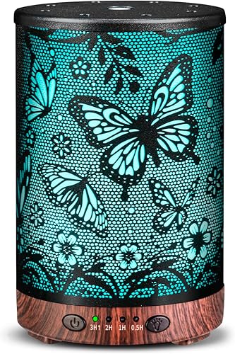 Difusor de aceite esencial de metal para aromaterapia, difusor de niebla fría con 7 luces de color para el hogar, oficina, spa (mariposa grande)