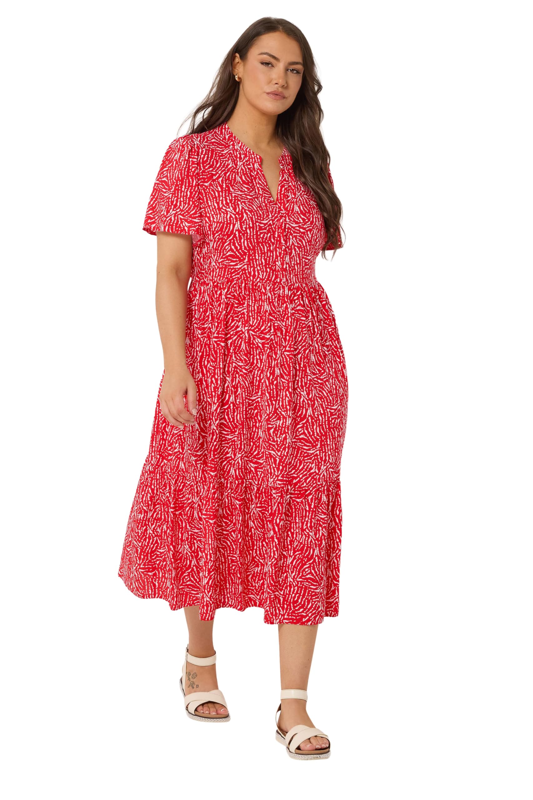 Yours Women's Red Abstract Half Placket Dress In | Size: 20