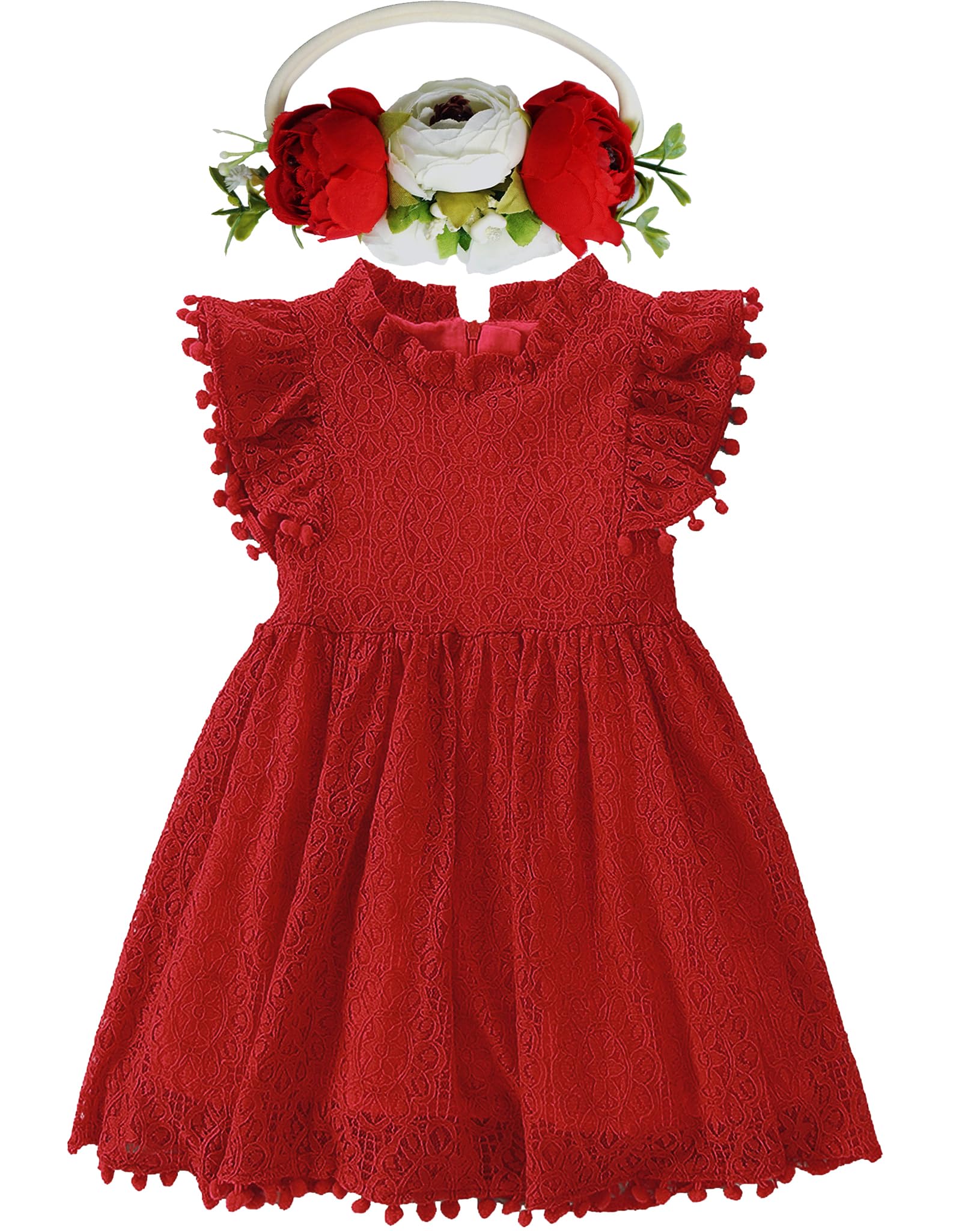 BGFKS Baby Girl Tutu Dress Elegant Lace Pom Pom Flutter Sleeve with Flower Headband Set