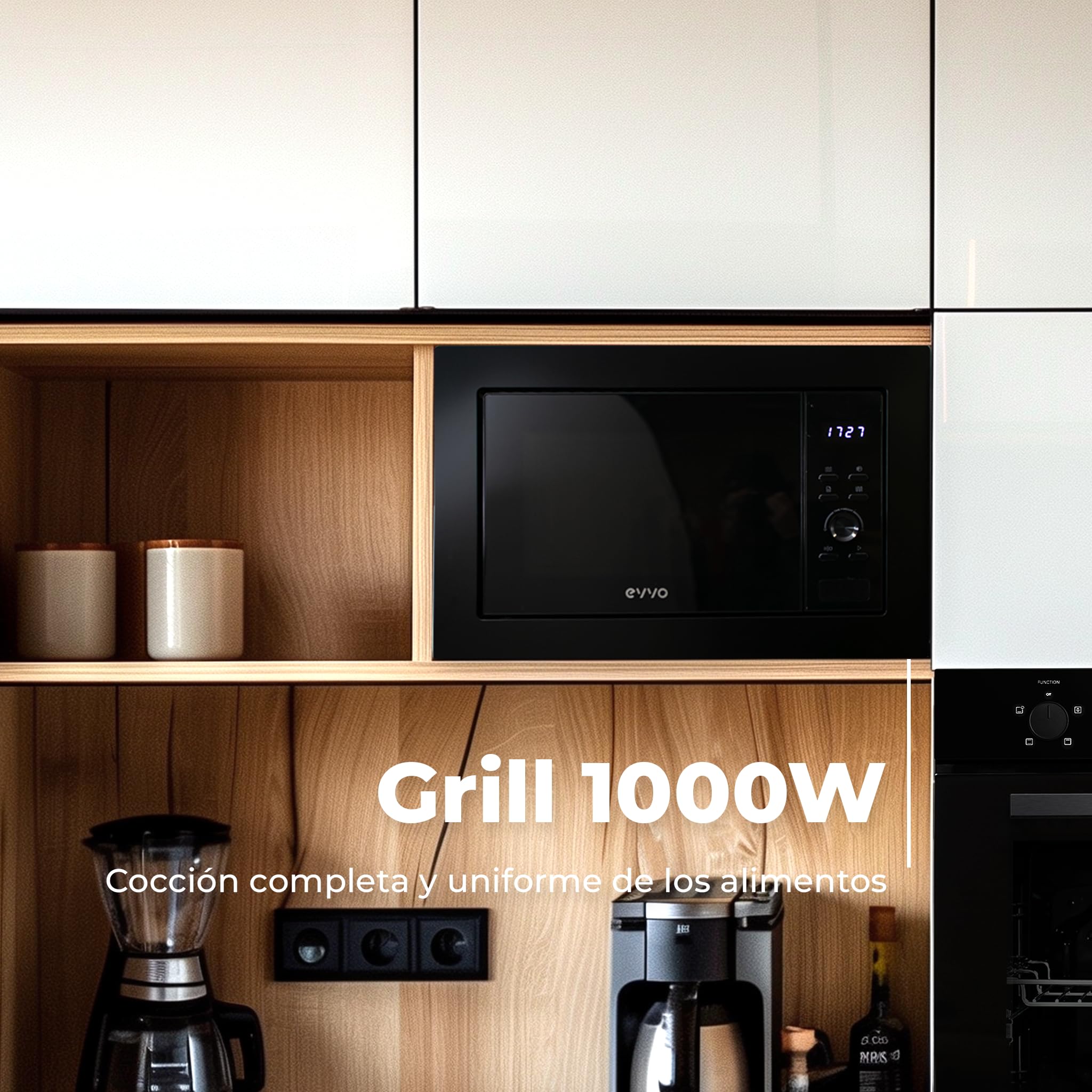 EVVO Microondas Integrable Mi30 Black - 21 Litros, Horno Microondas Función Grill, Display Digital, Bloqueo Infantil y Temporizador de 60 Minutos, Negro