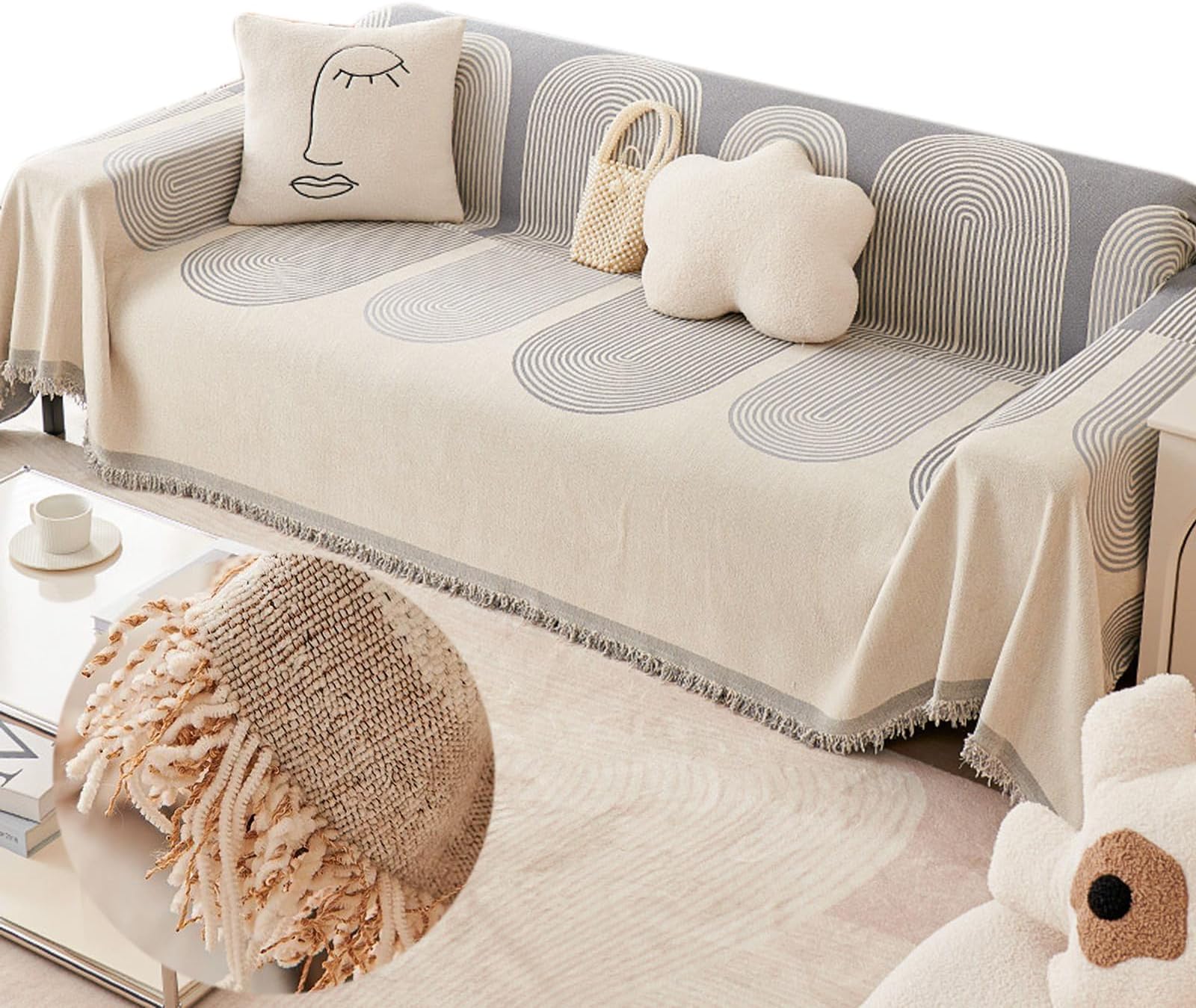 Sofa Covers - Double Sided Chenille Sofa Cover, Couch Covers Dog Bed Cover Sofa Protector Multi-Purpose Anti Slip Simple Fashion Tassel Sofa Mat Sofa Throws Cover Washable (Grey,70.8*165.3 in)