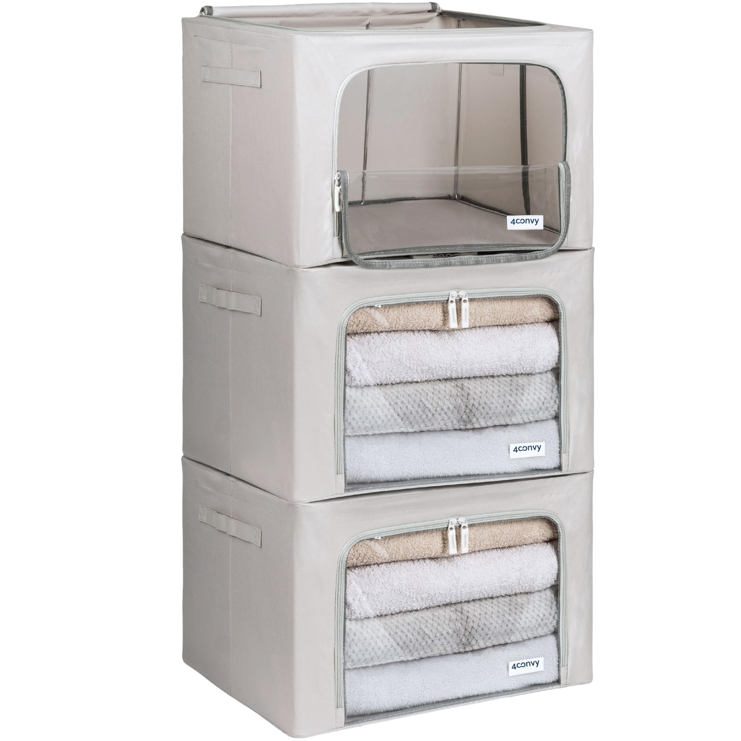 4CONVY Kleideraufbewahrung Kleiderschrank Box mit Reißverschluss Metallrahmen - große faltbare stapelbare Aufbewahrungsbox -3x66L Aufbewahrungstaschen - Kleiderbox für Bettdecke Kleidung Aufbewahrung