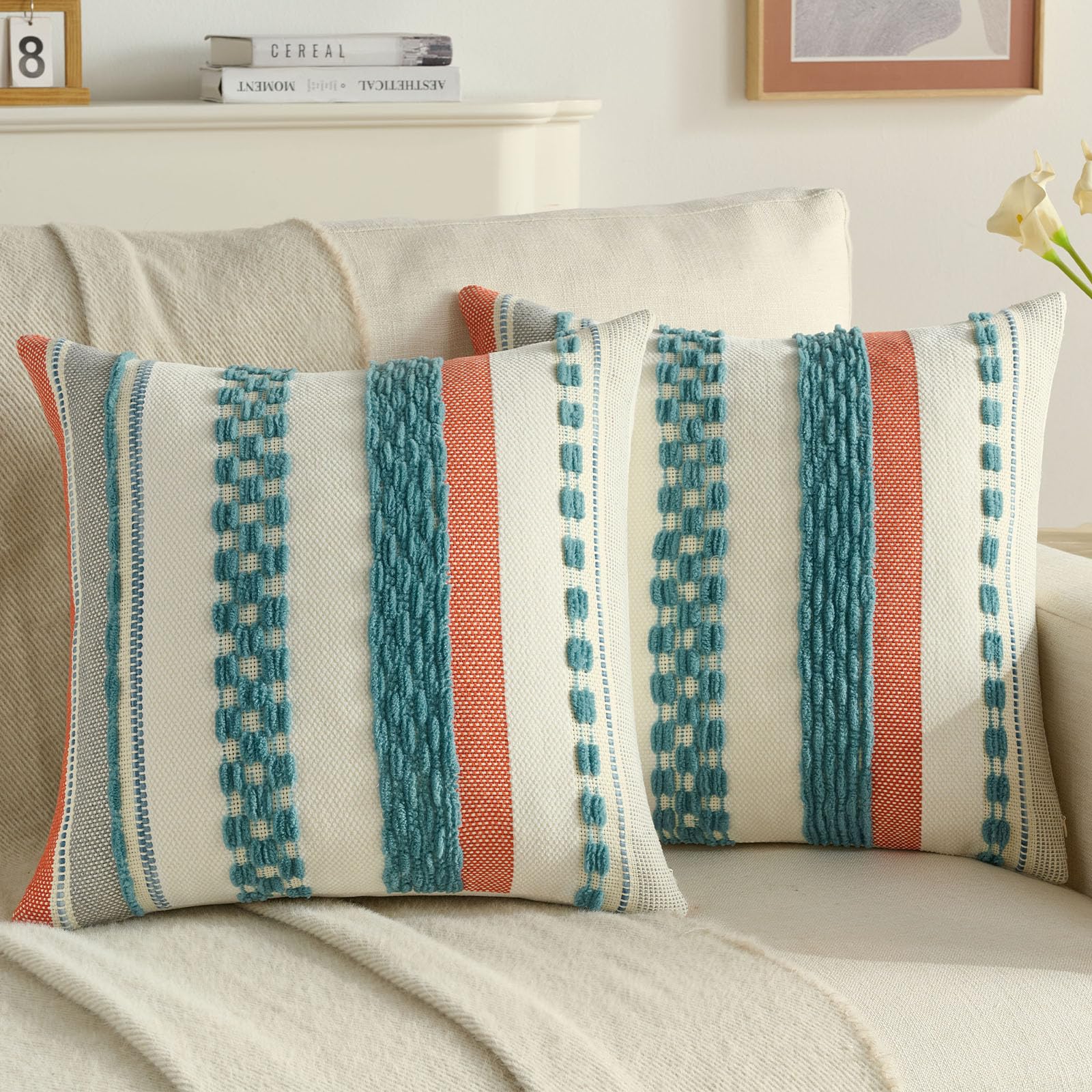FUTEI Set di 2 federe decorative per cuscini, 45 x 45 cm, morbide, trapuntate, a righe, in stile bohémien, decorazione per la casa, divano, letto, camera da letto, soggiorno