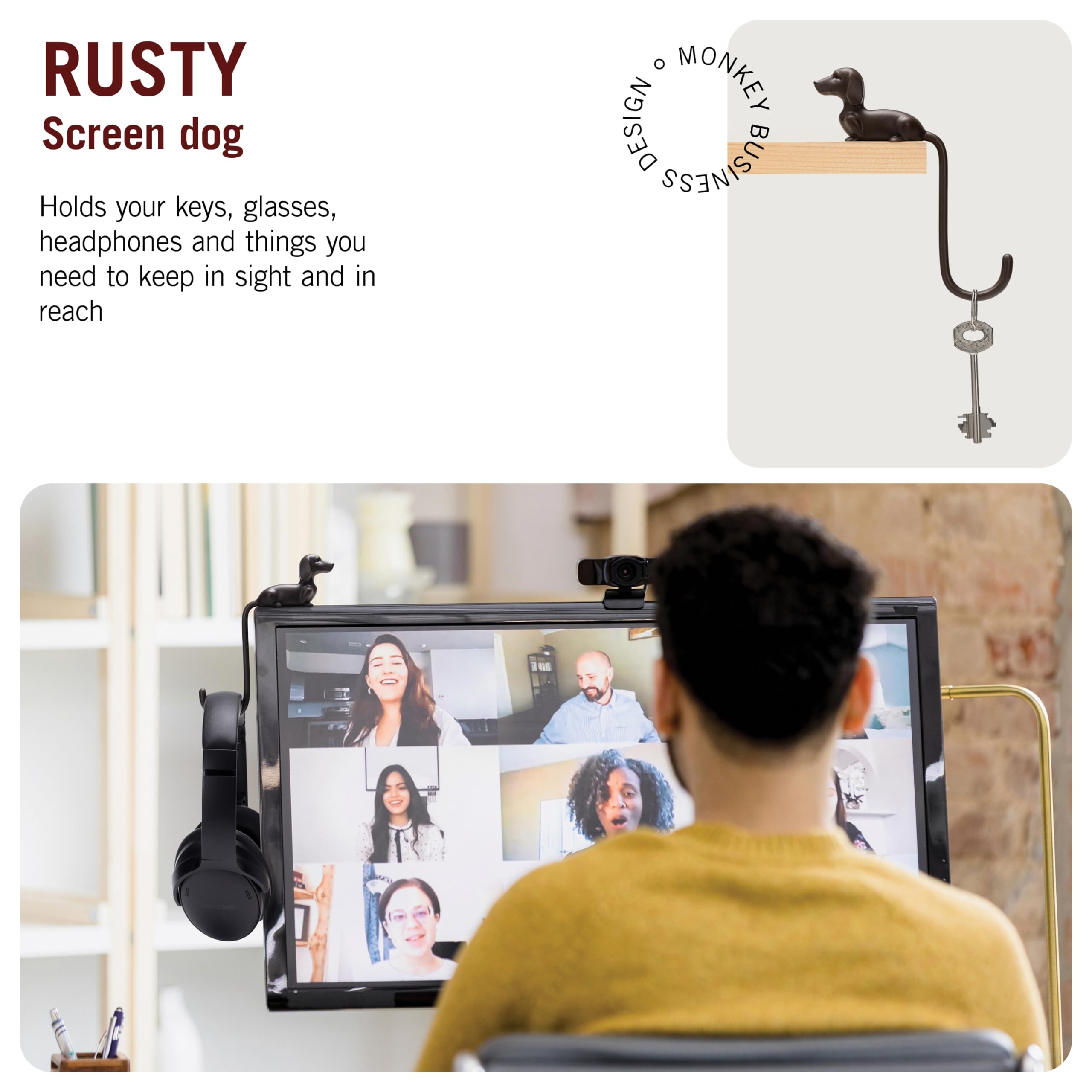 Monkey Business Rusty haczyk na monitor, uchwyt na słuchawki i organizer, dekoracyjny haczyk samoprzylepny na klucze, kabel, kapelusze i akcesoria komputerowe - brązowy