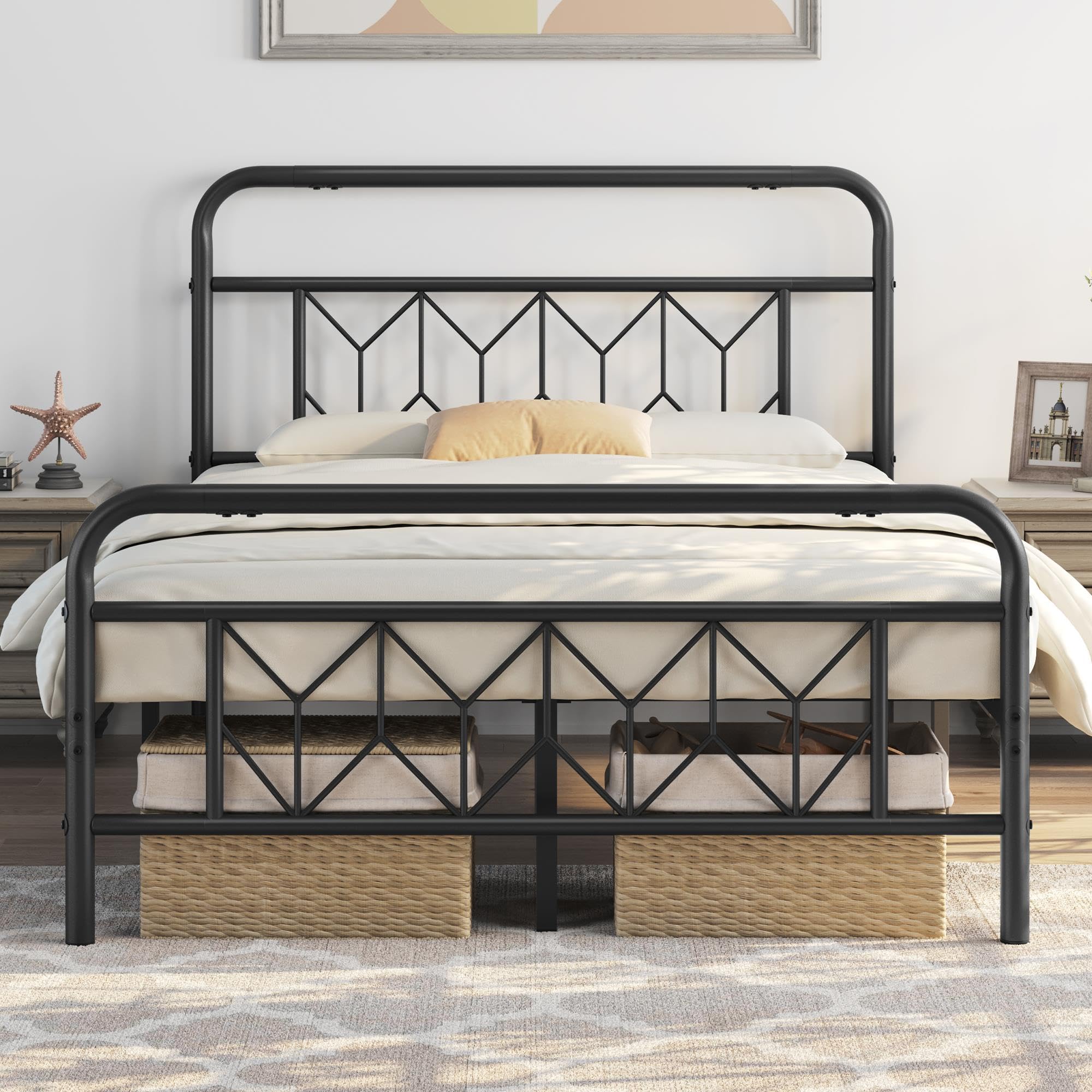 Topeakmart Full Bed Frames Metal Platform Bed with Vintage Style Headboard/Mattress Foundation/No Box Spring Needed/Under Bed Storage/Strong Slat