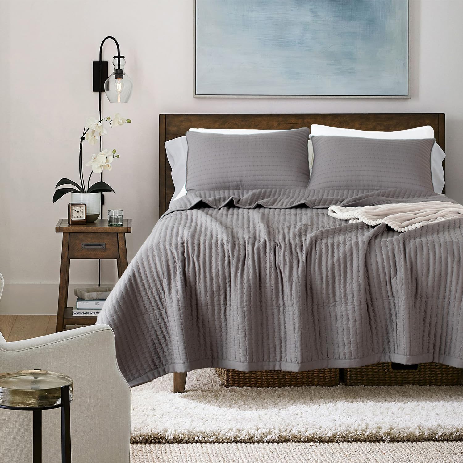 KASENTEX Quilt-Bedding-Coverlet-Blanket-Set, Machine Washable, Ultra Soft, Lightweight, Stone-Washed, Detailed Stitching - Solid Color (Tornado Dark Grey, Oversized King + 2 King Shams)