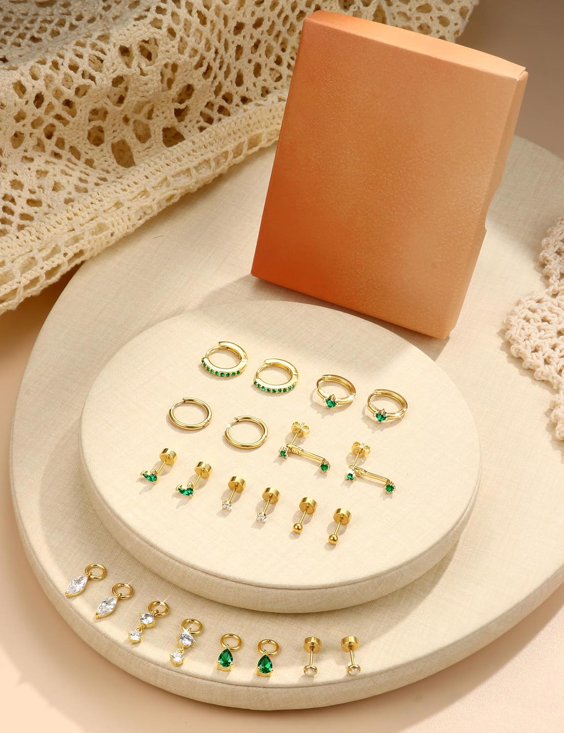 Flat Back Earrings-Cartilage Earring for women-Hypoallergenic 20G Surgical Steel Earrings for Sensitive Ears-14K Gold Plated Flatback Stud Earring Sets for Helix Tragus Piercing Jewelry