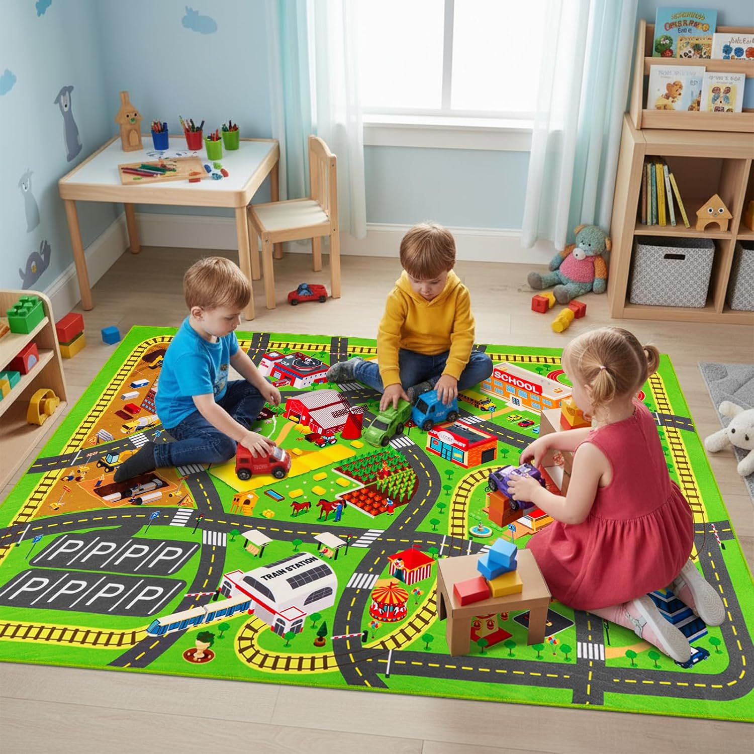 Kids Car Rug Play Mat for Bedroom - Non-Slip 3D City Road Car Mat for Kid, Large Road Rug with TPR Backing, Washable Track Car Carpet for Kids Playroom Classroom (City, 60"X39.4")